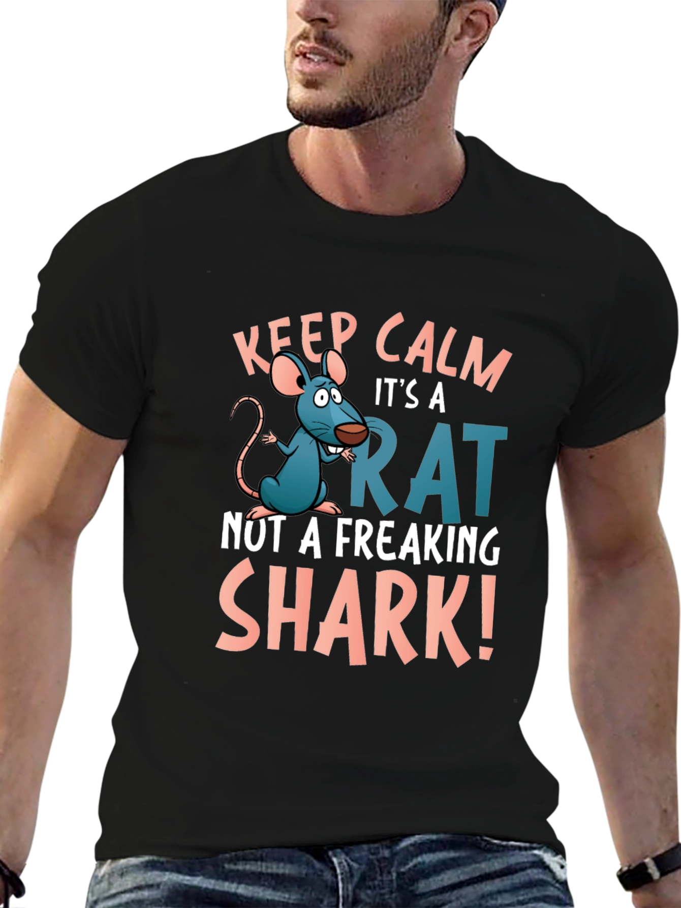 Black Keep Calm Rat T-Shirt: Funny Cartoon Rat Design view 6