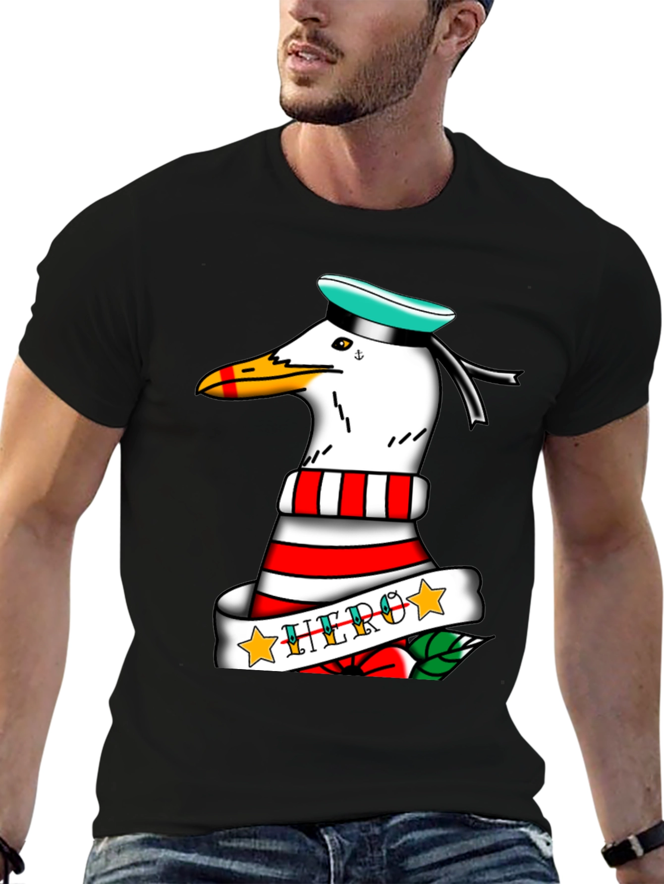 Black Seagull Sailor "Hero" Tattoo Style Graphic Tee - Black view 6