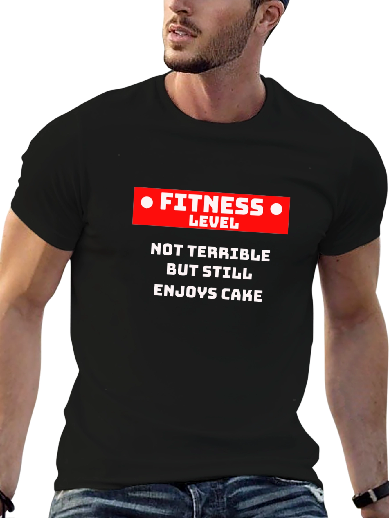 Black Fitness Level Cake Lover Graphic T-Shirt - Humorous Casual Tee view 6