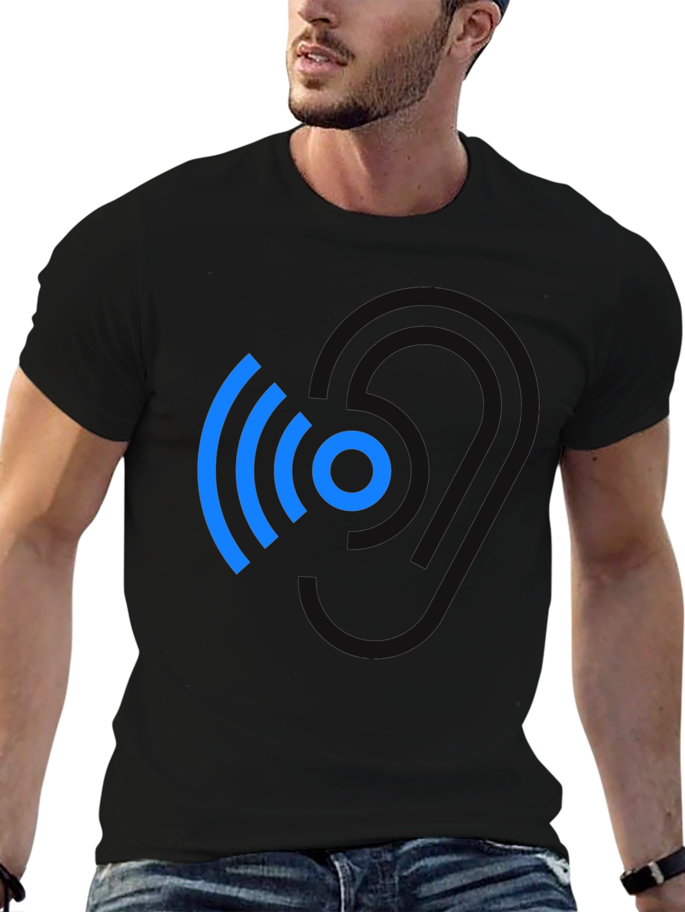 Black Modern Blue Wireless Signal Black T-Shirt view 6