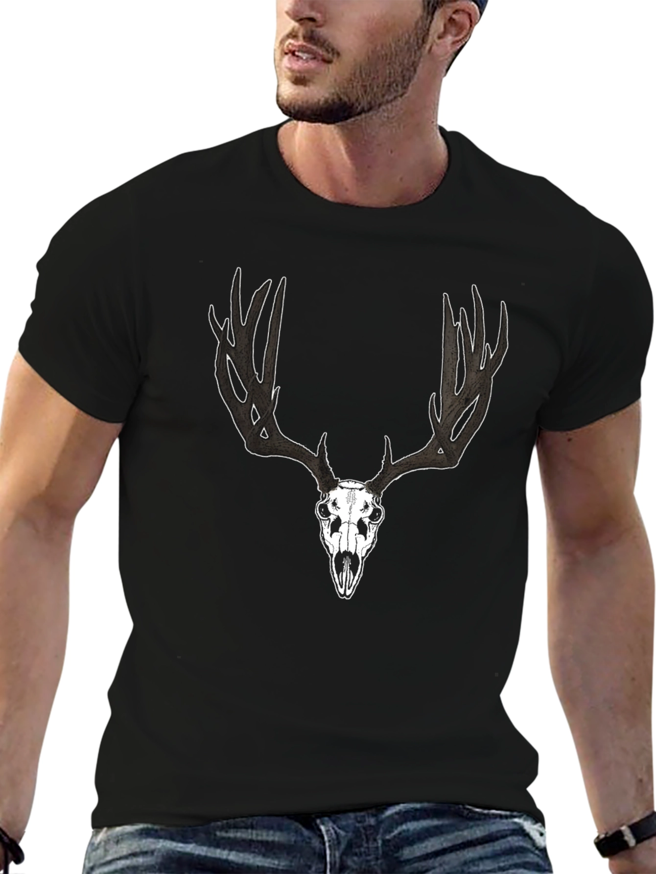 Black Deer Skull Graphic Black T-Shirt view 6