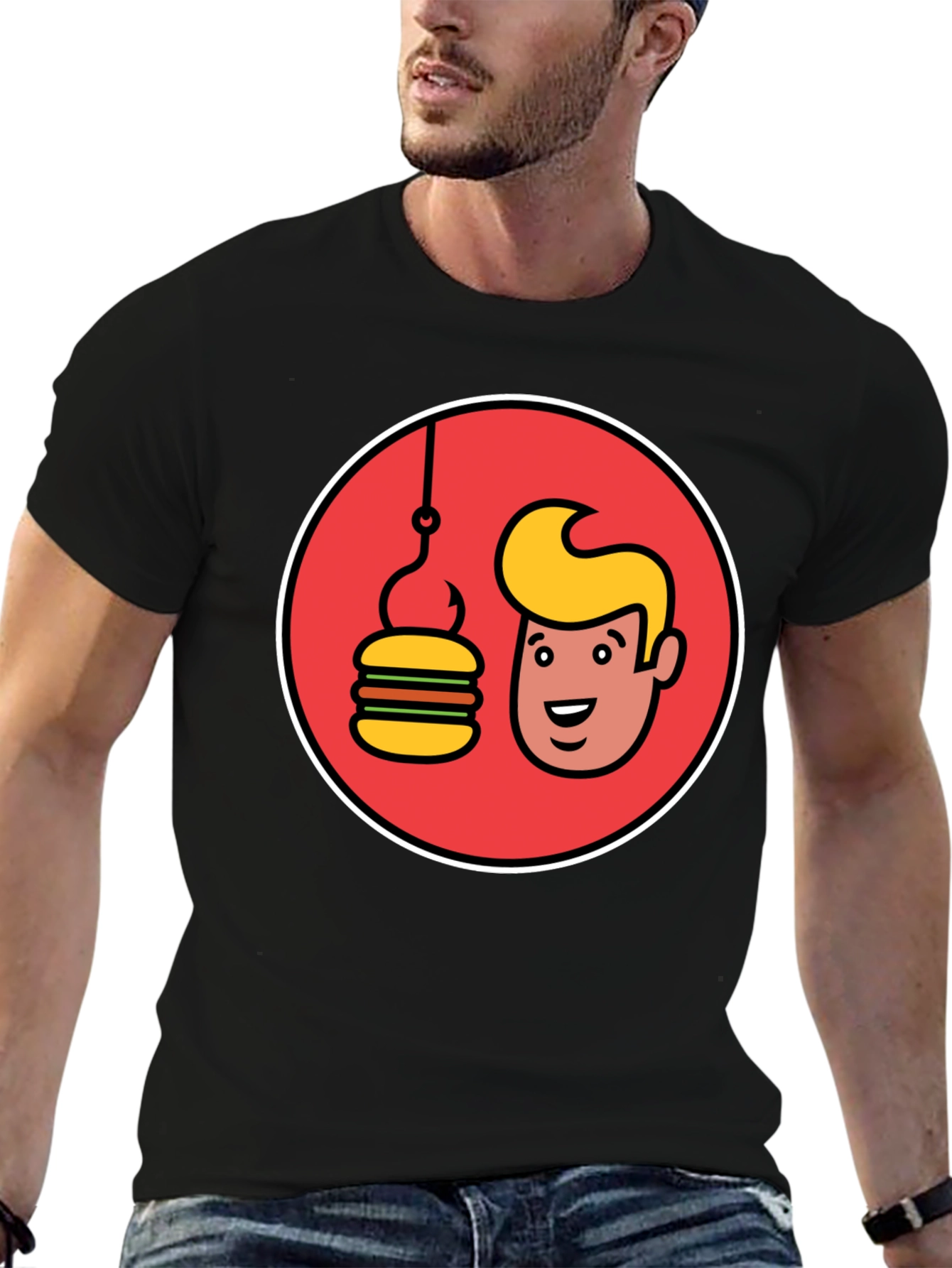 Black Funny Man & Burger Fishing Hook Black T-Shirt view 6