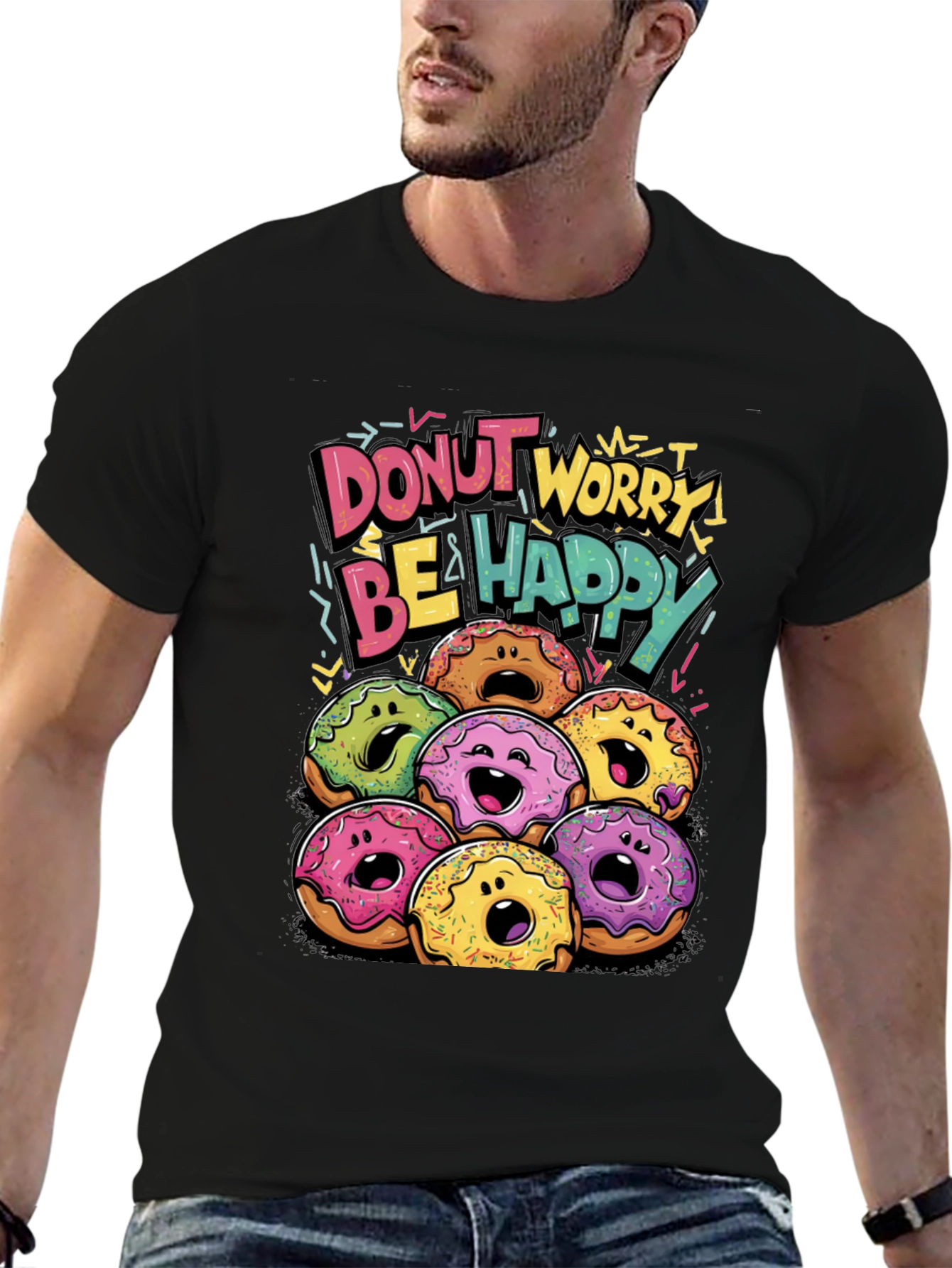 Black Donut Worry Be Happy Graphic T-Shirt view 6