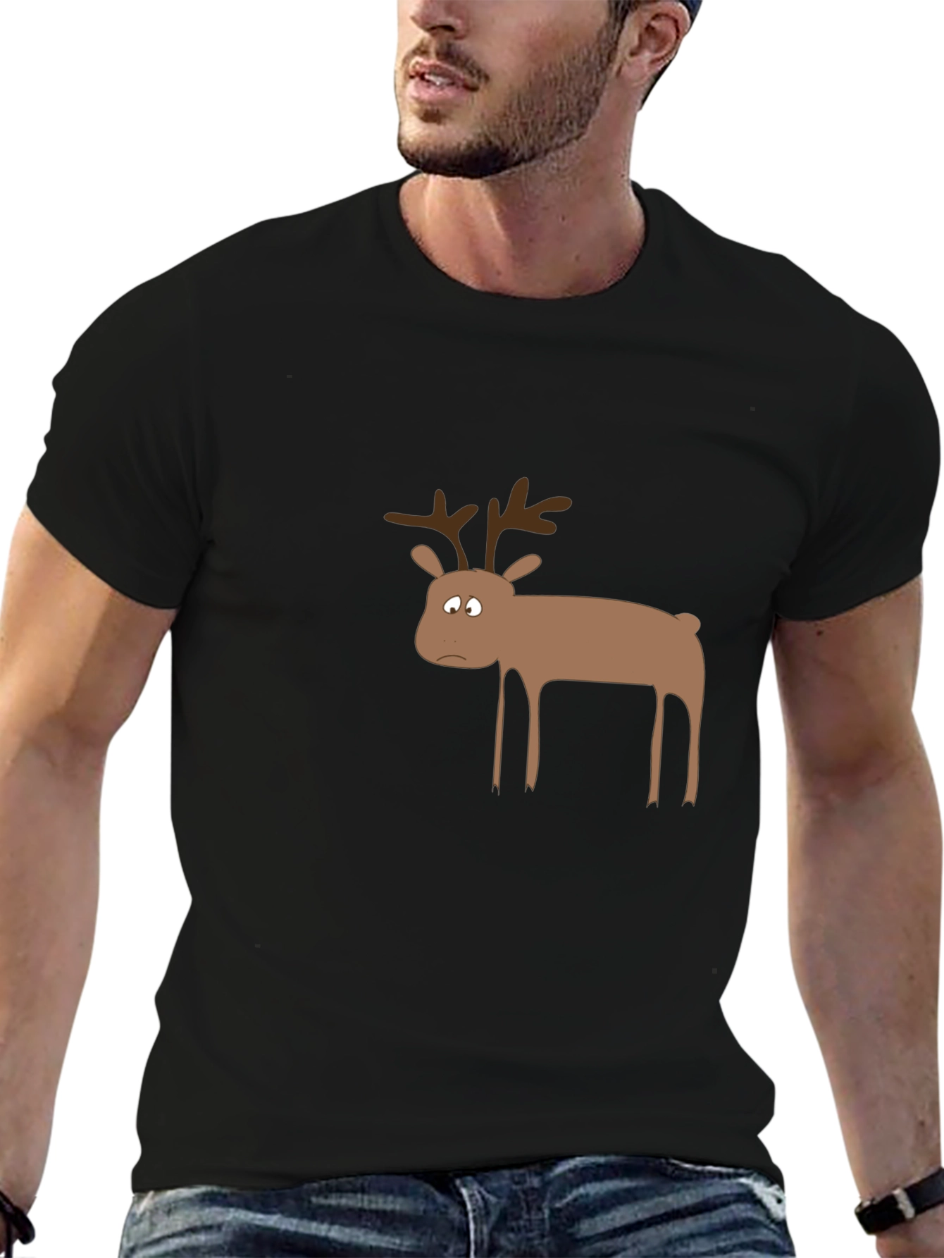 Black Funny Sad Reindeer Graphic Tee - Black view 6