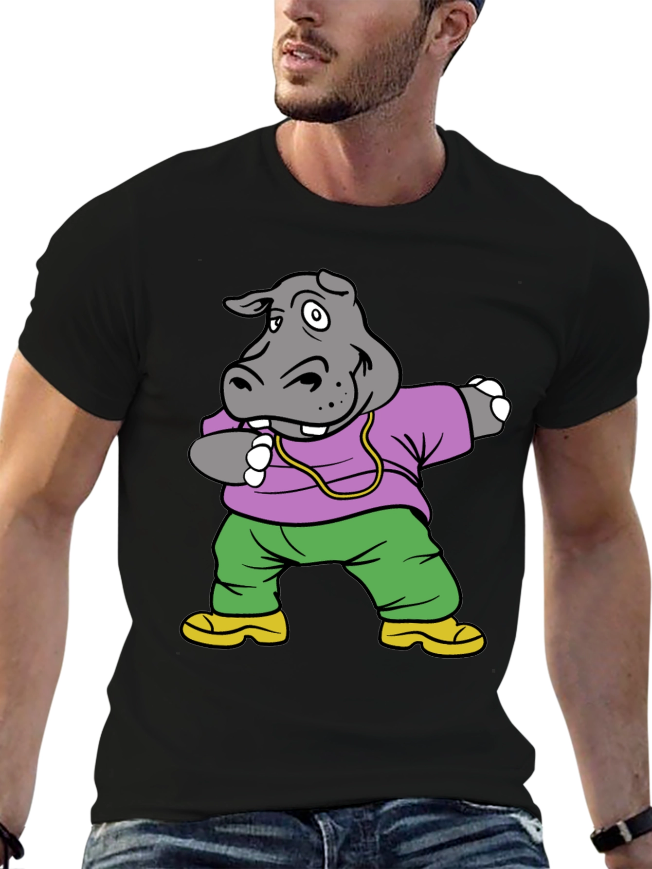 Black Dabbing Hippo Graphic Tee - Cool Cartoon Shirt view 6