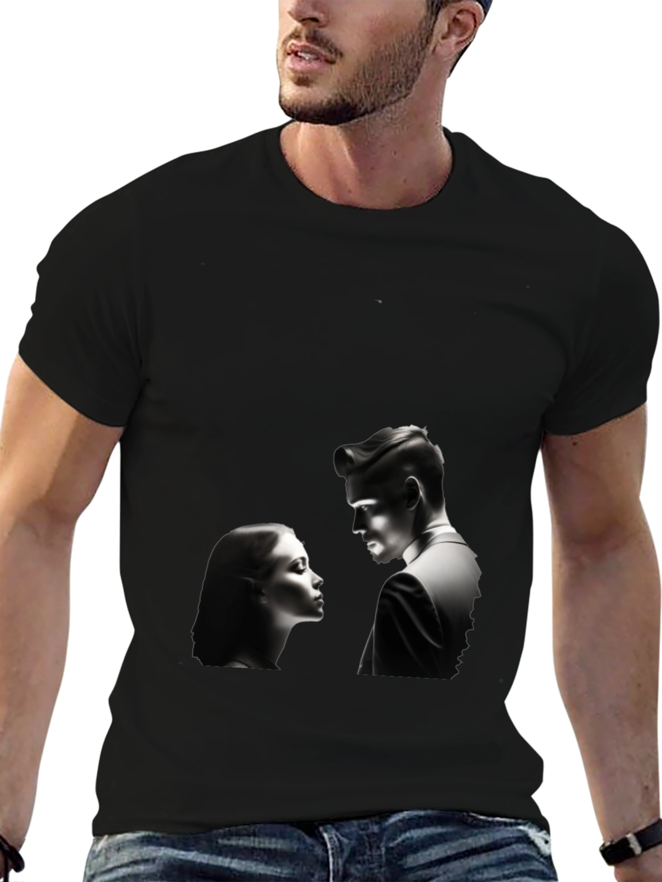Black Romantic Black T-Shirt: Silhouette Couple Design view 6
