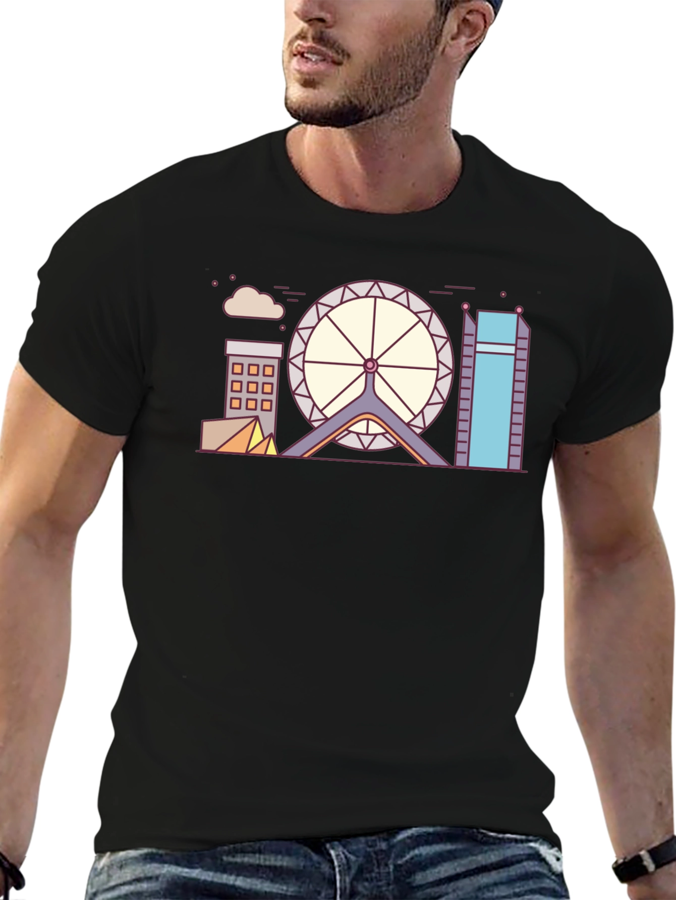 Black Geometric Cityscape Graphic Tee view 6