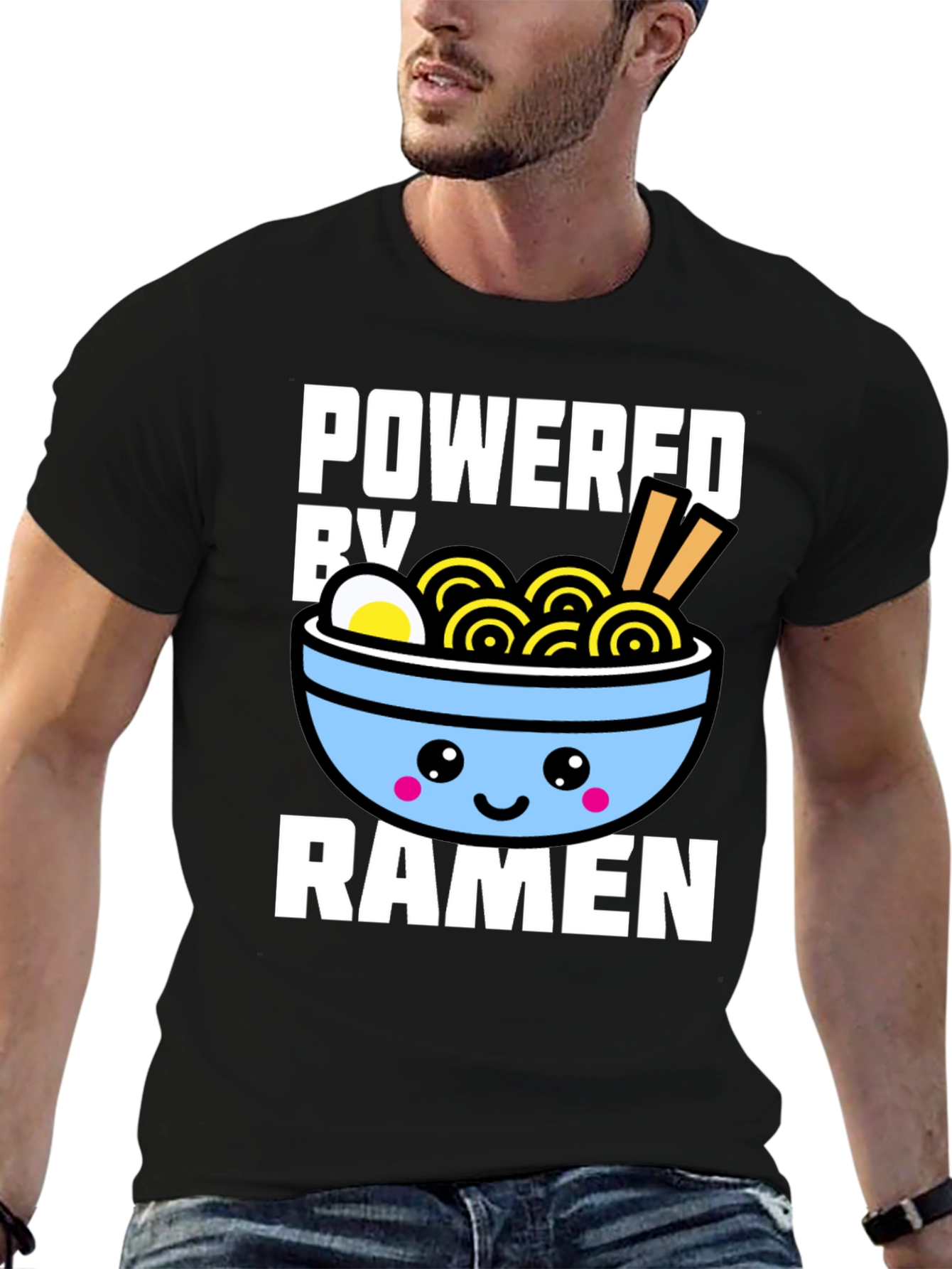 Black Powered By Ramen T-Shirt - Kawaii Noodle Bowl Graphic Tee view 6
