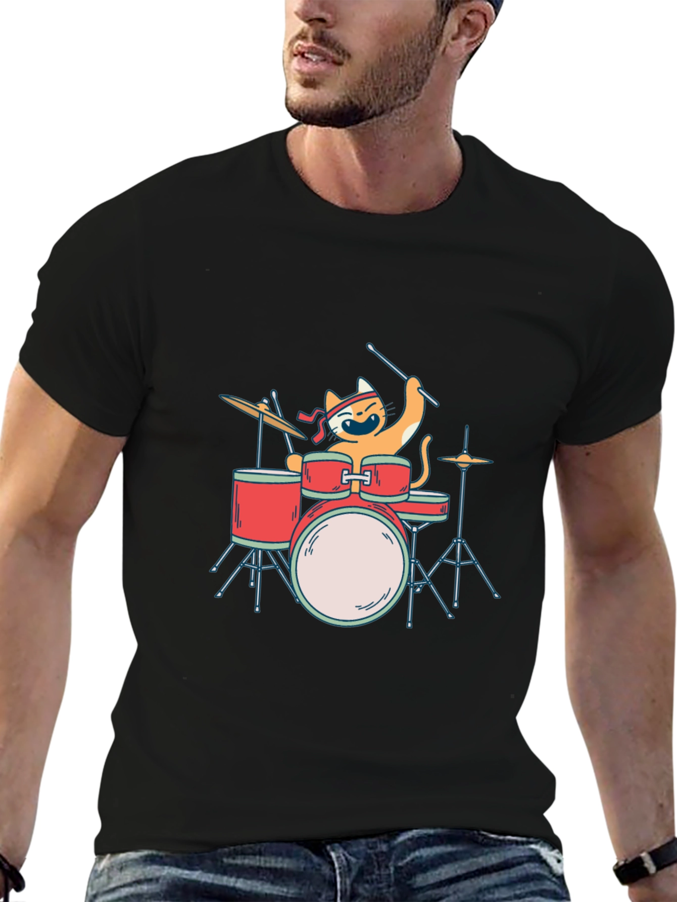 Black Cat Drummer T-Shirt - Playful Music Lover Tee view 6