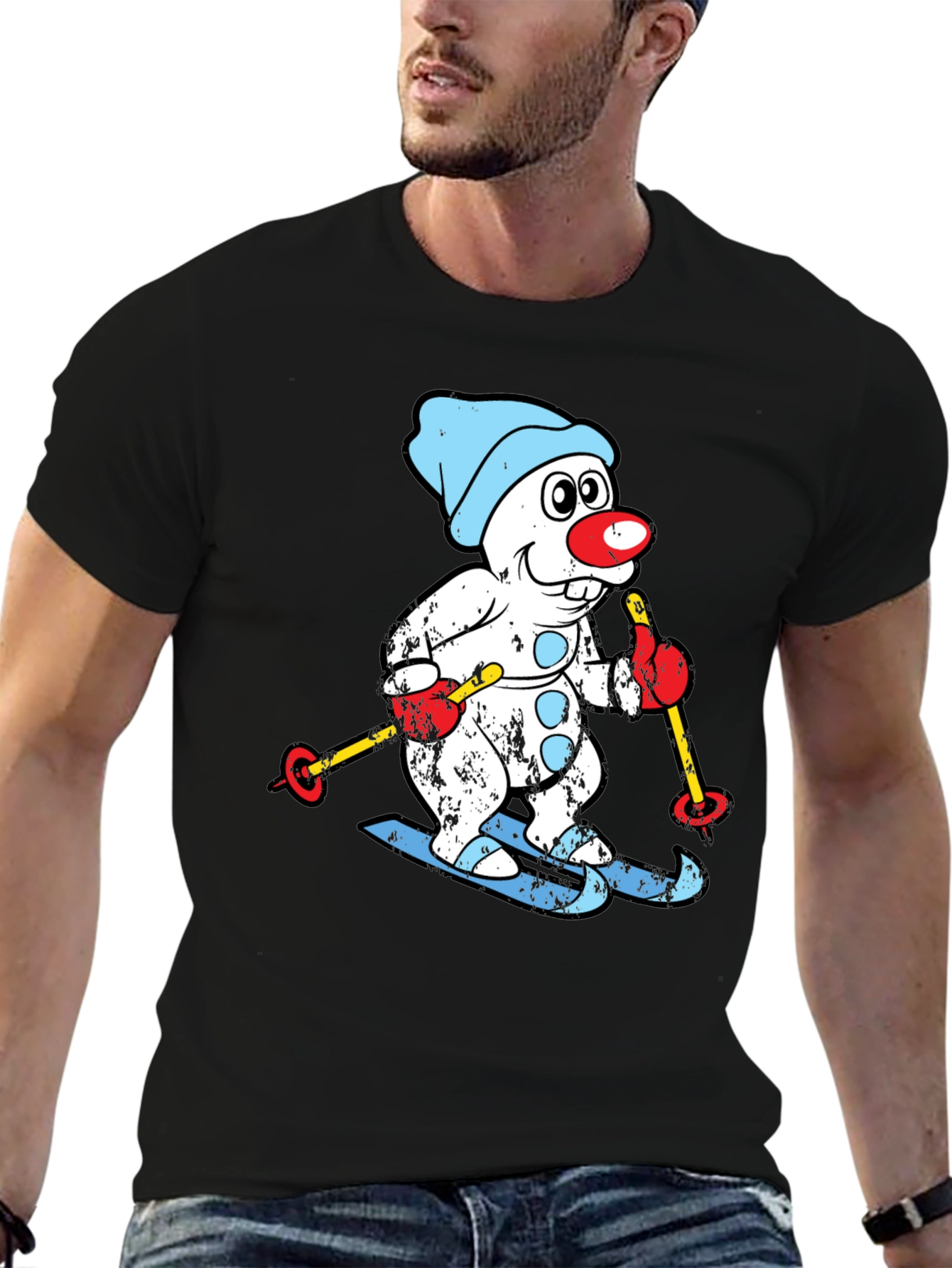 Black Skiing Snowman T-Shirt - Winter Fun view 6