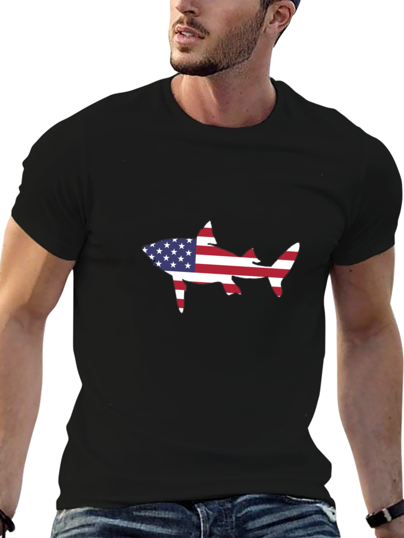 Black American Flag Shark Black T-Shirt view 6