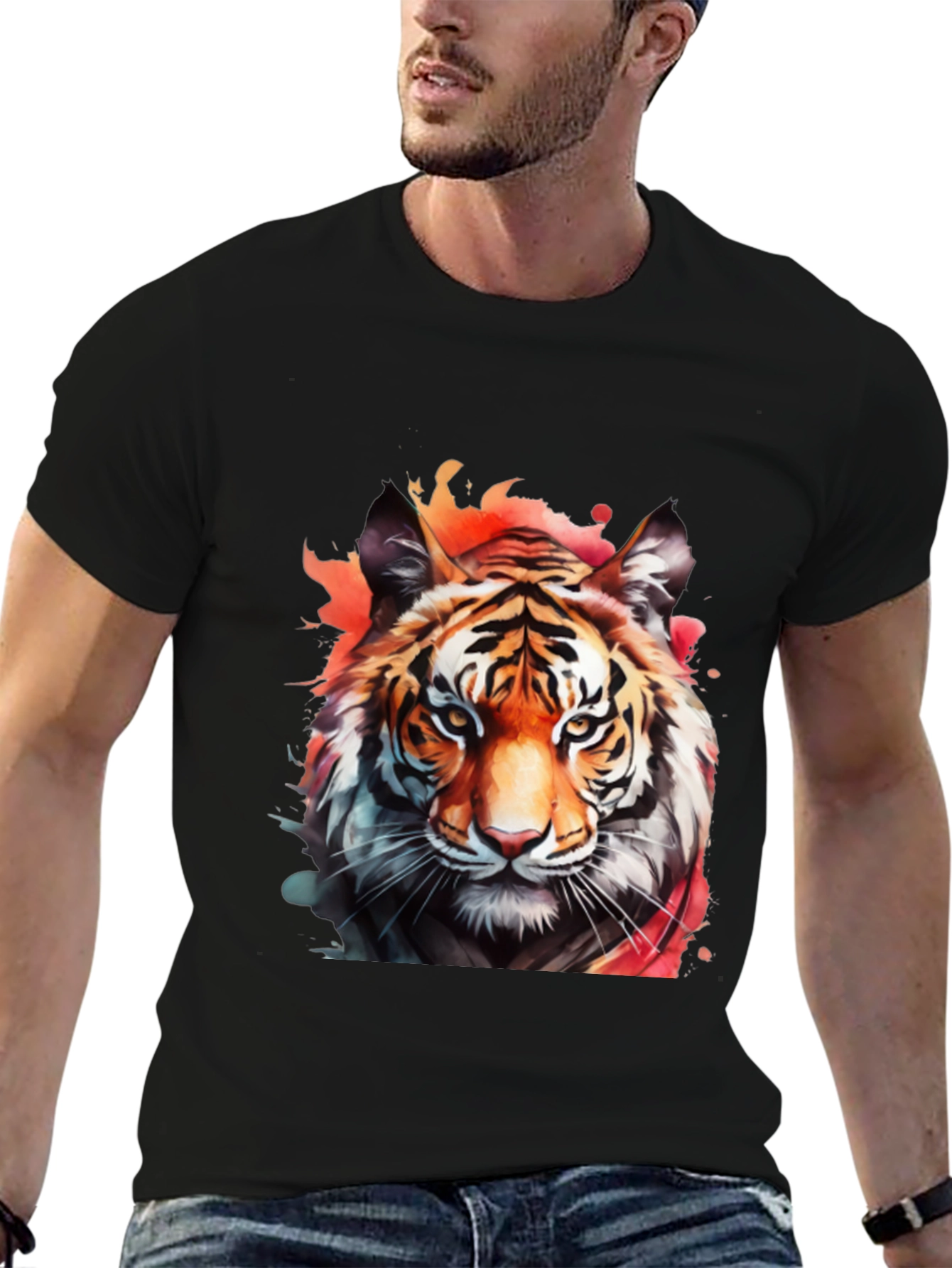 Black Watercolor Tiger Graphic Black T-Shirt view 6