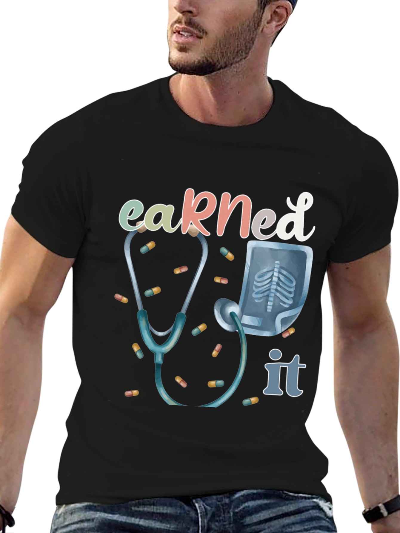 Black Earned It Doctor T-Shirt - Stethoscope & X-Ray Graphic view 6