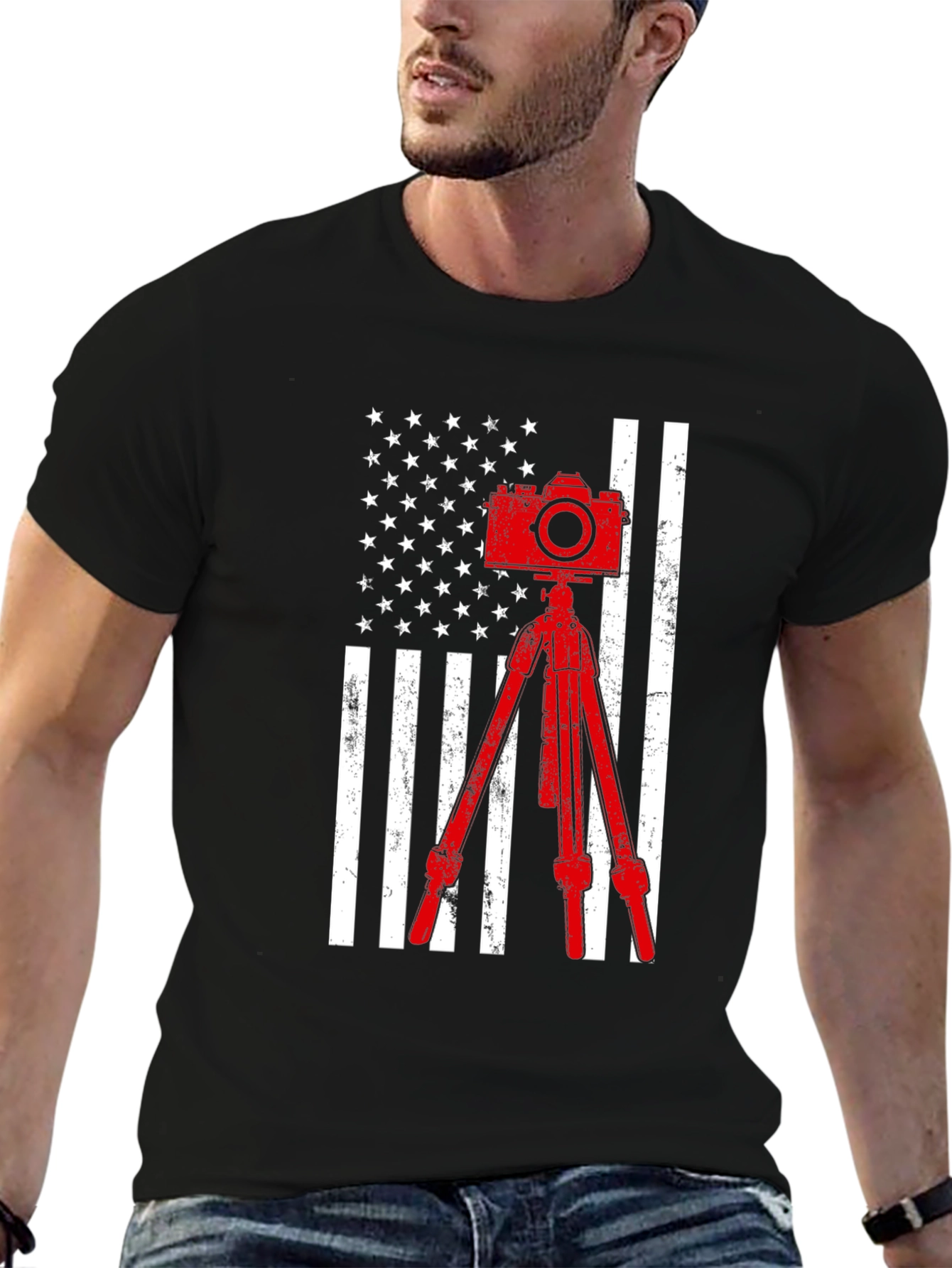 Black Patriotic Photographer T-Shirt - Camera & American Flag view 6