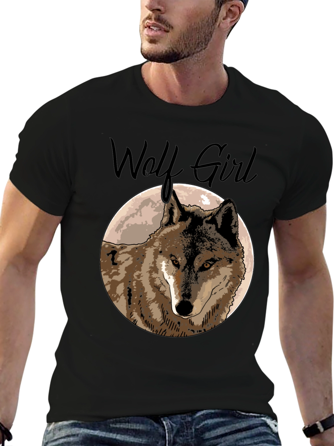 Black Wolf Girl Graphic Tee - Black Cotton T-Shirt view 6