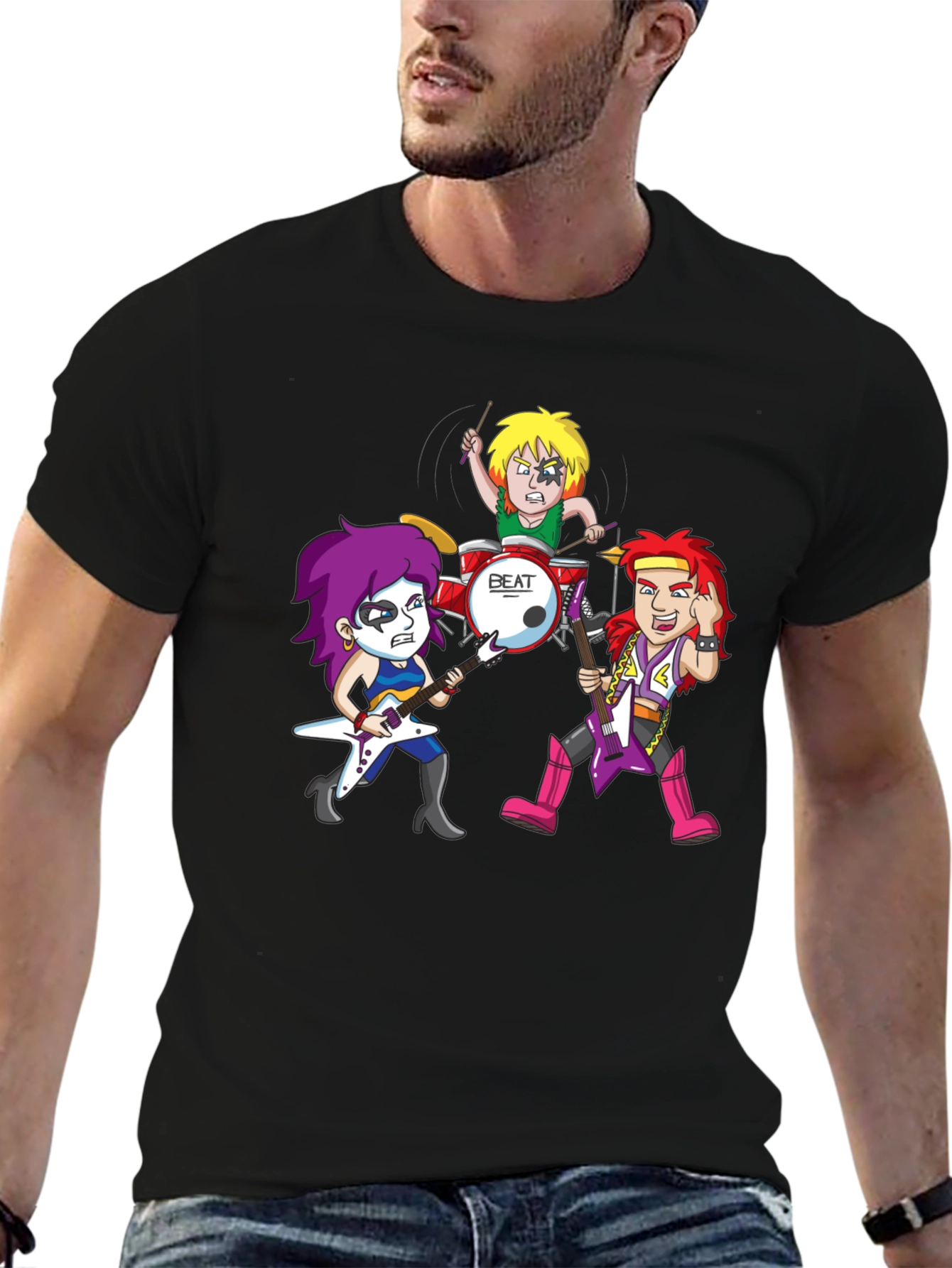 Black Rock Band Cartoon Graphic Black T-Shirt view 6