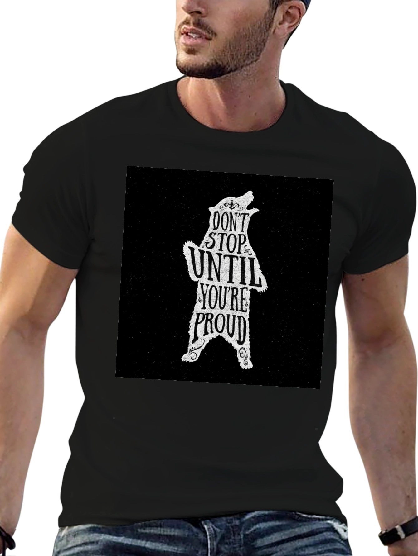 Black Motivational Bear Graphic T-Shirt - Don't Stop Until Proud view 6