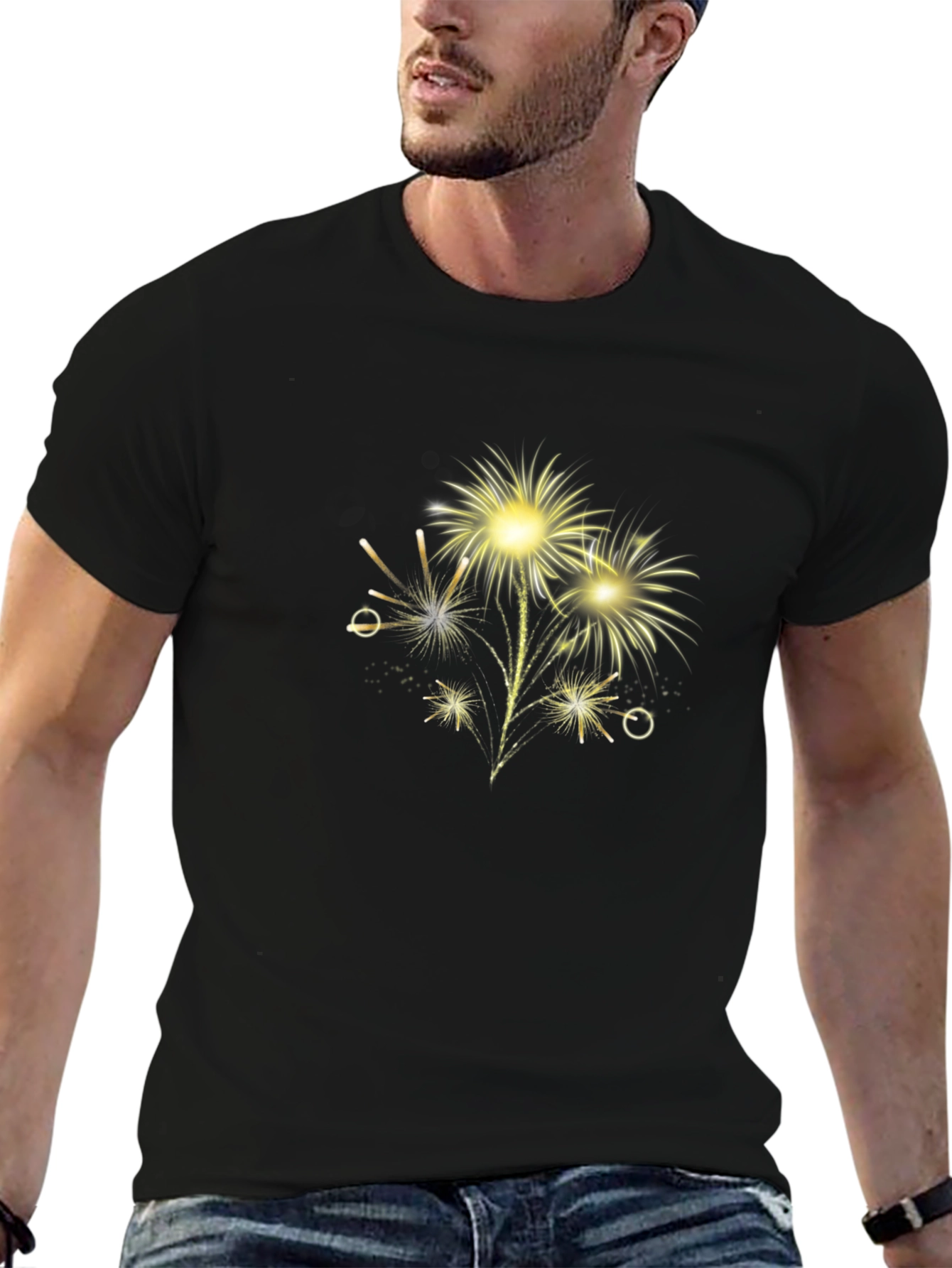 Black Festive Fireworks Graphic Tee - Black Cotton Blend view 6