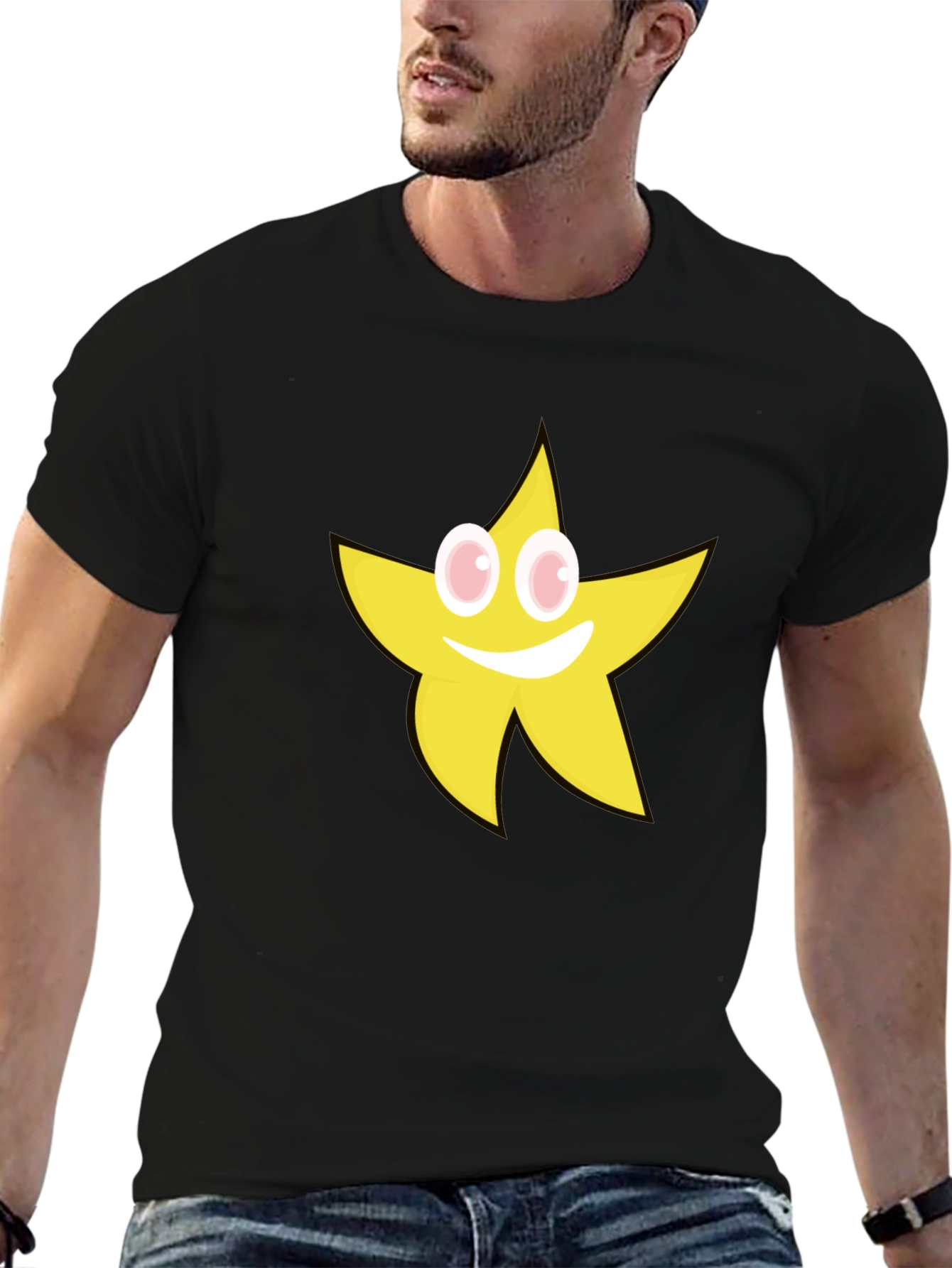 Black Smiling Star Graphic T-Shirt - Black Cotton Tee view 6