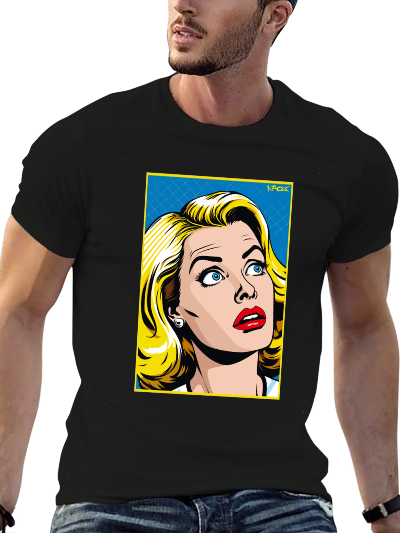 Black Retro Pop Art Woman T-Shirt - Black Cotton Tee view 6