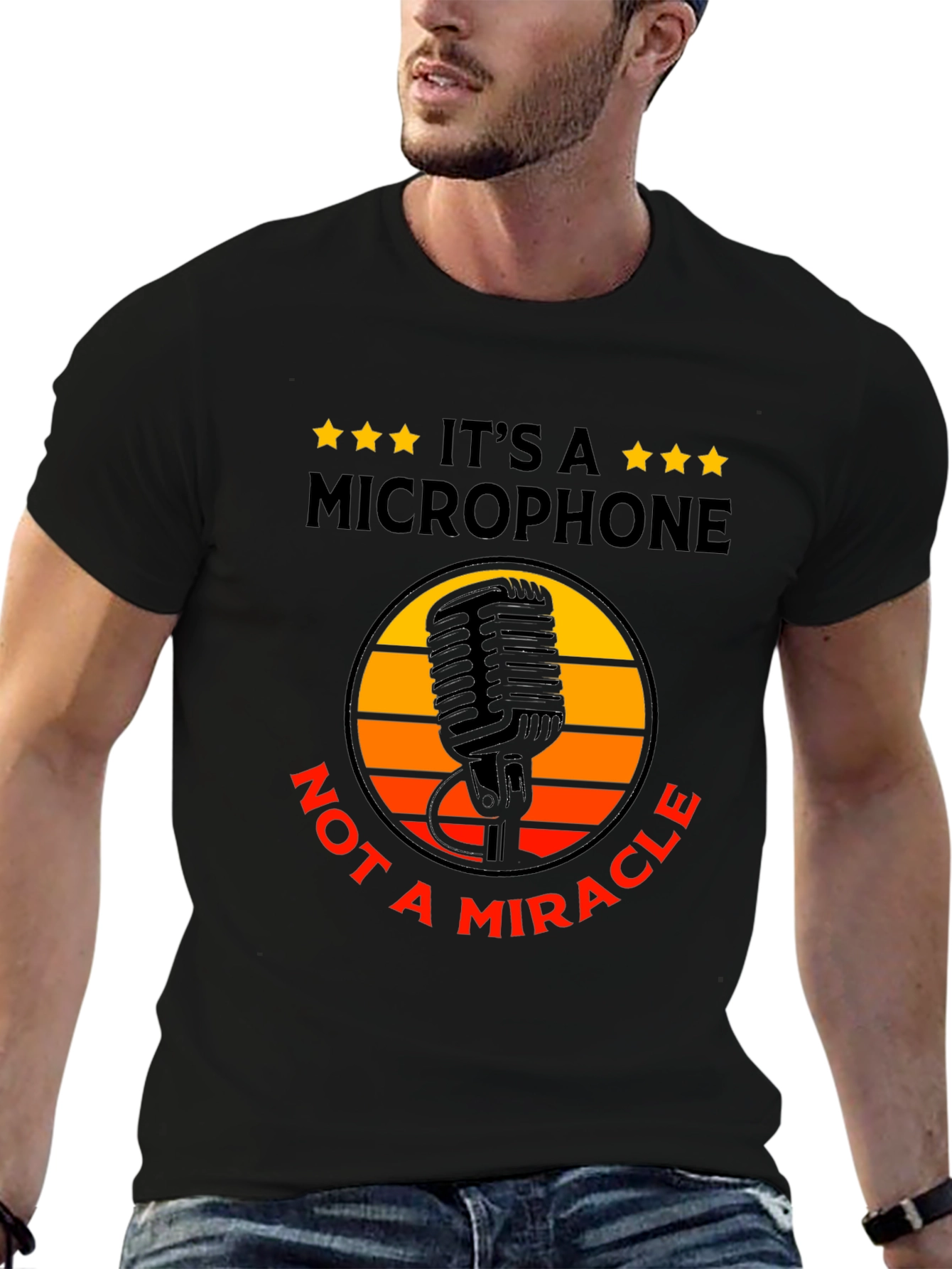 Black Retro Microphone Graphic Tee -  "It's a Microphone, Not a Miracle" view 6