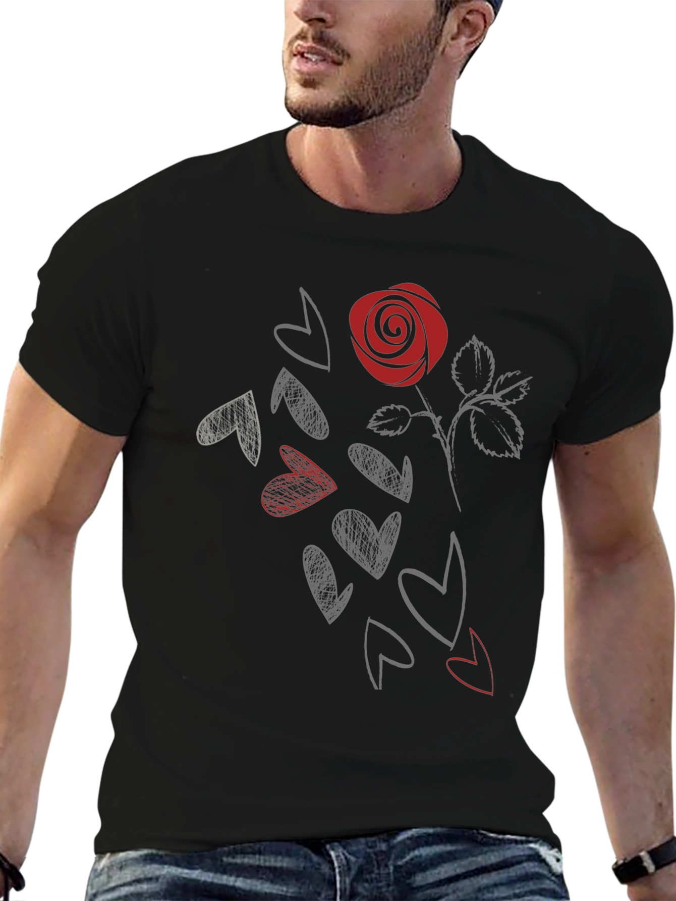 Black Rose & Hearts Graphic Tee - Stylish Black T-Shirt view 6