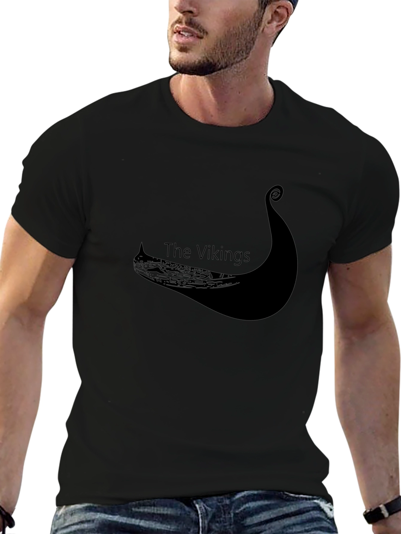 Black Viking Ship Graphic Tee - Black Cotton T-Shirt view 6