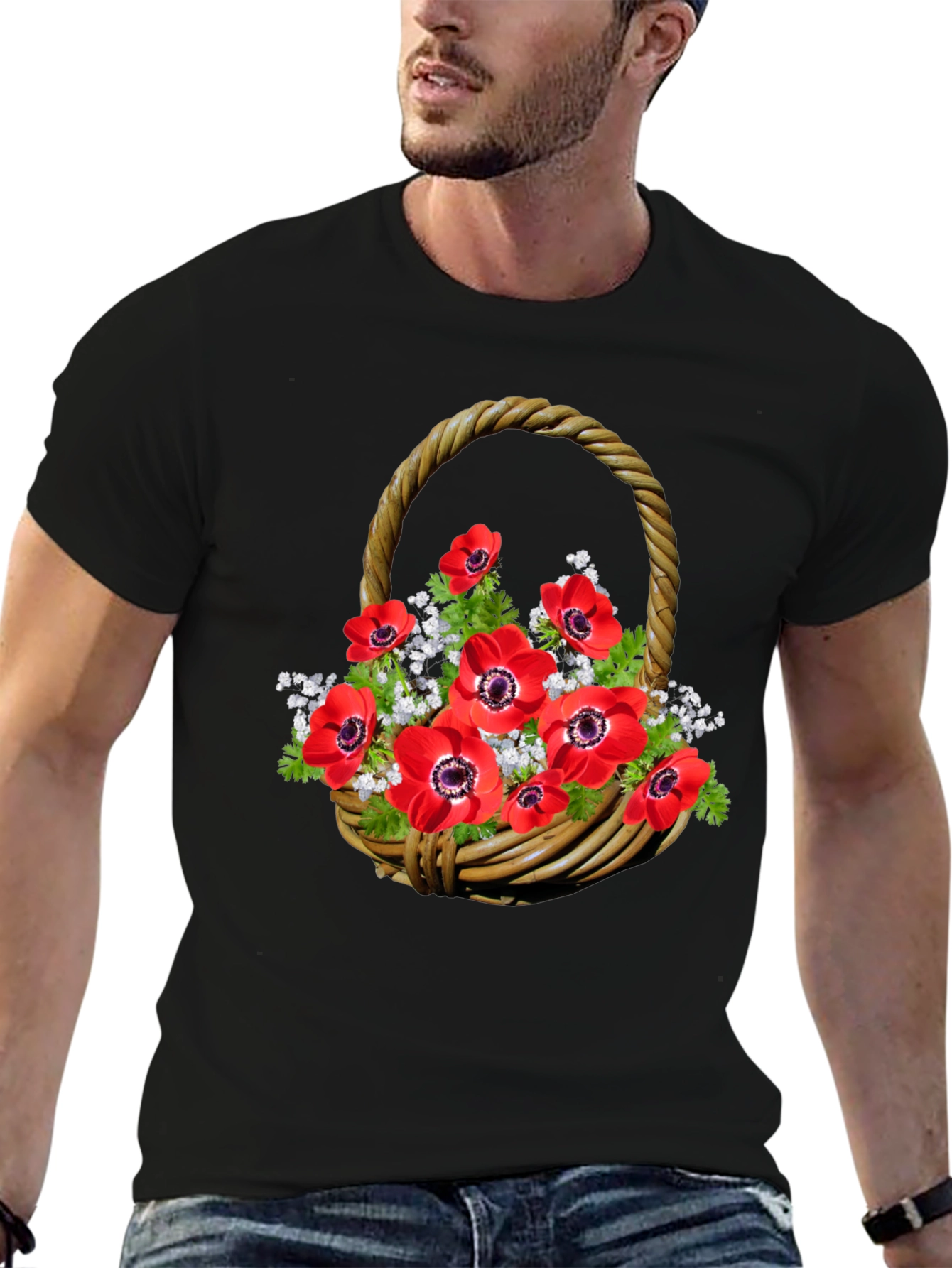 Floral Basket T-Shirt: Red Anemones on Black Cotton Tee - 6