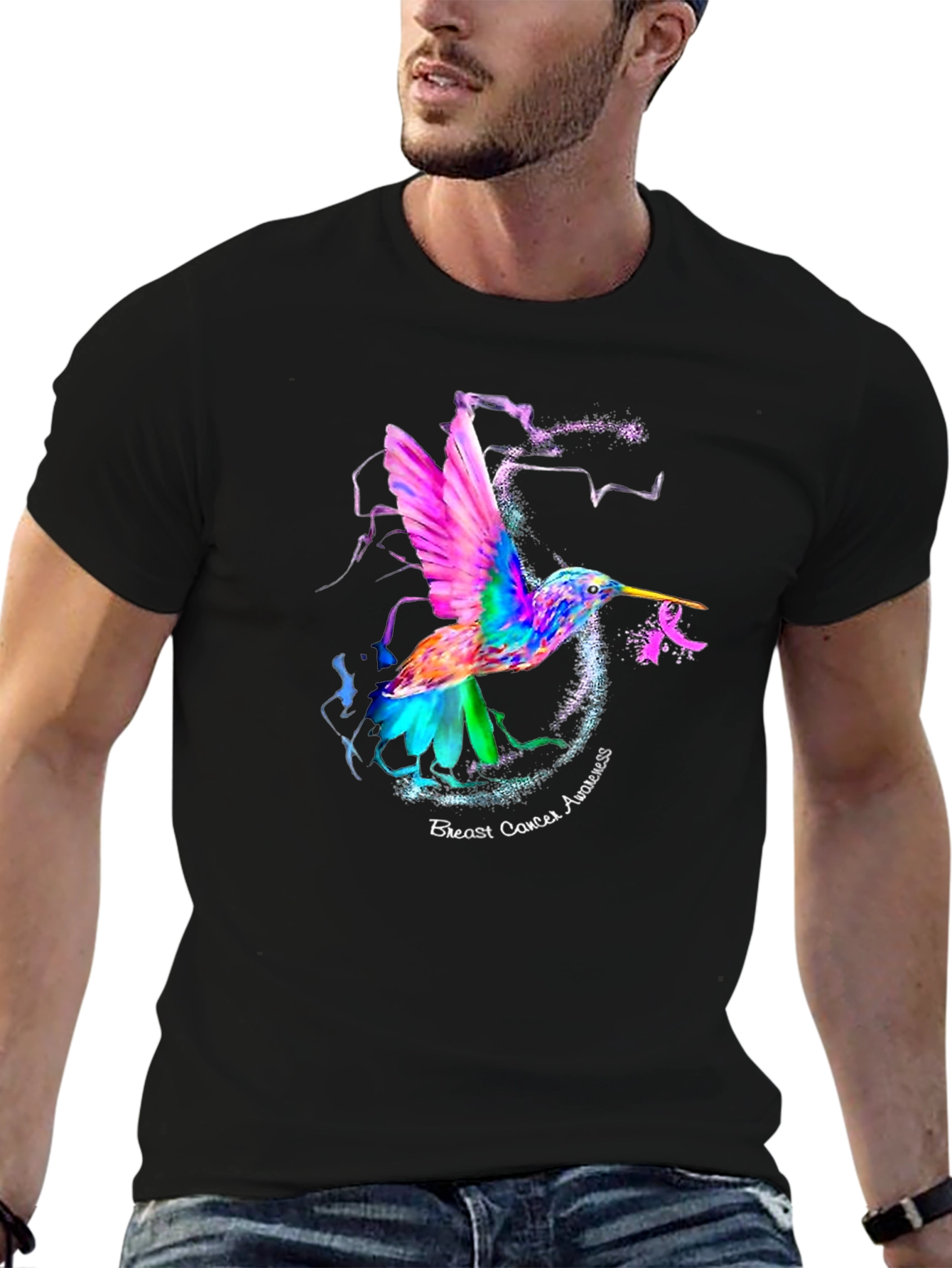 Black Hummingbird Breast Cancer Awareness T-Shirt view 6
