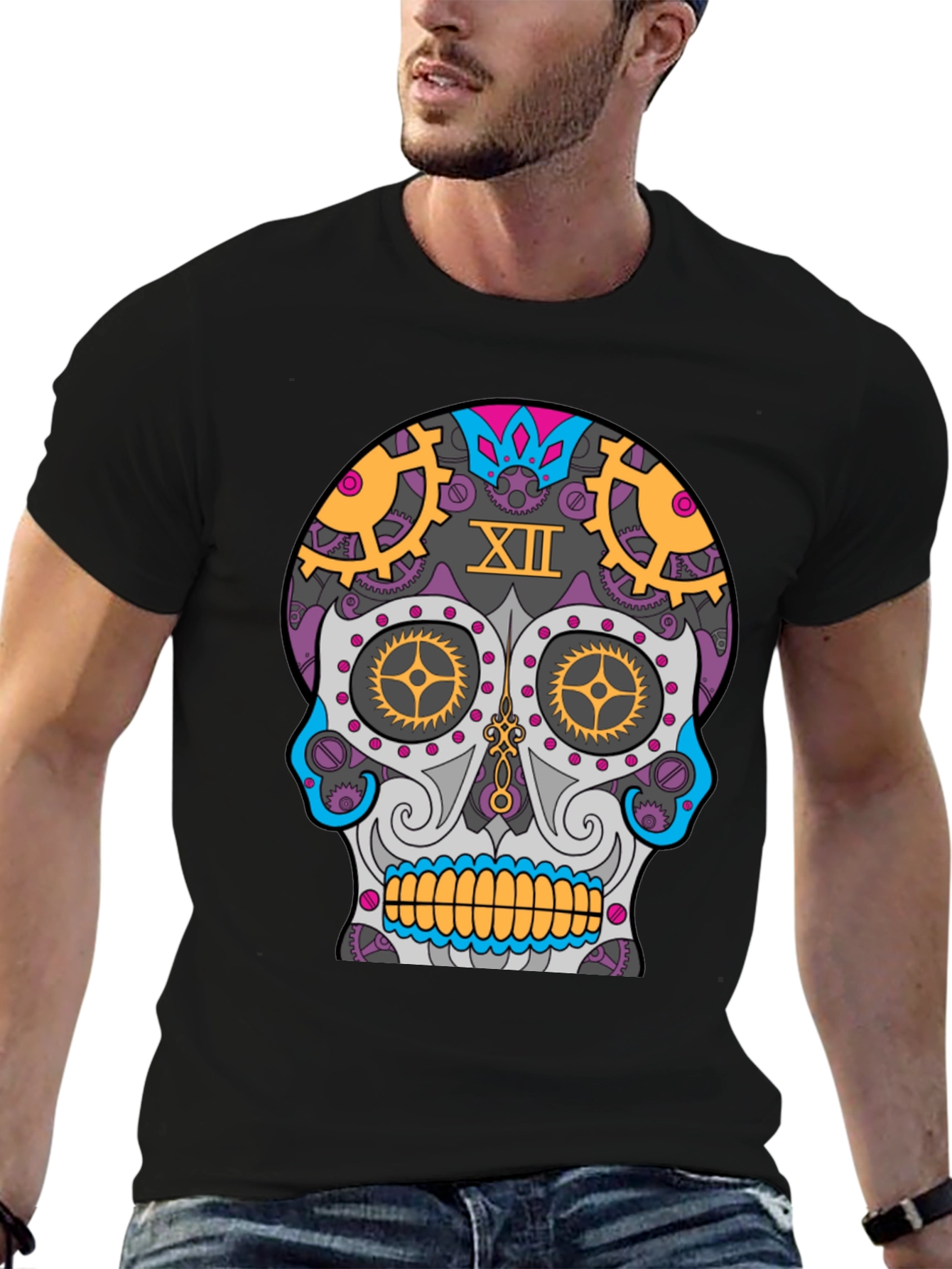 Black Steampunk Sugar Skull T-Shirt - Unique Day of the Dead Design view 6