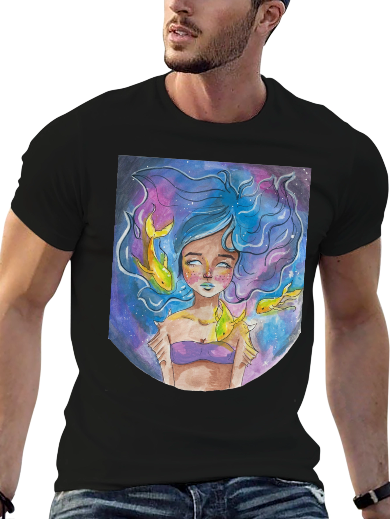 Black Artistic Mermaid Graphic T-Shirt - Unique Fantasy Design view 6
