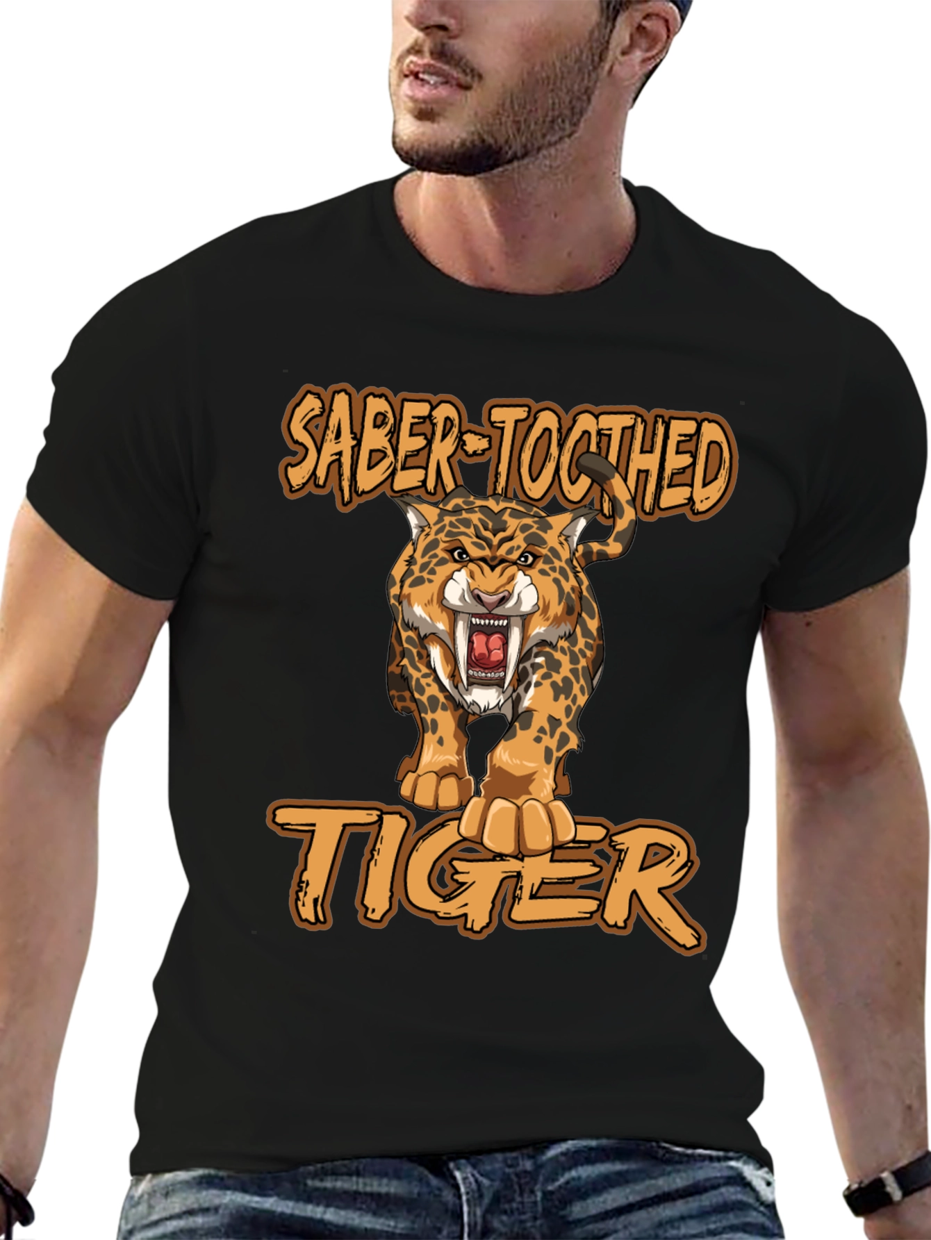 Black Saber-Toothed Tiger Graphic Print T-Shirt view 6