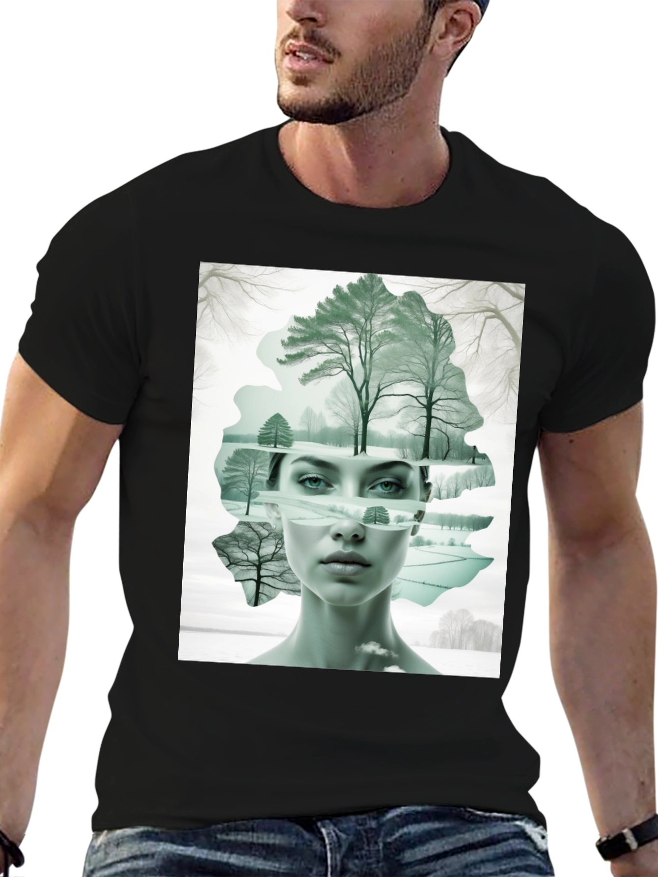 Black Abstract Woman & Winter Scene Graphic Tee view 6