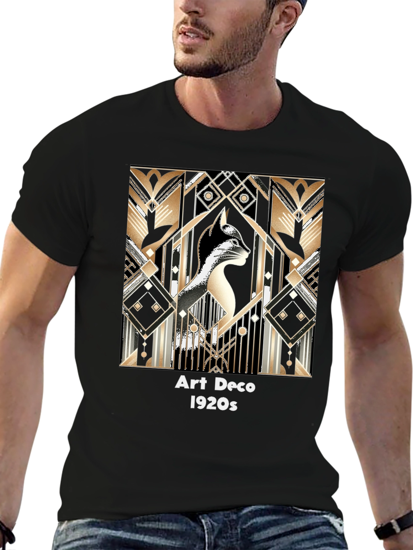Black Art Deco Cat T-Shirt - Roaring 20s Style view 6