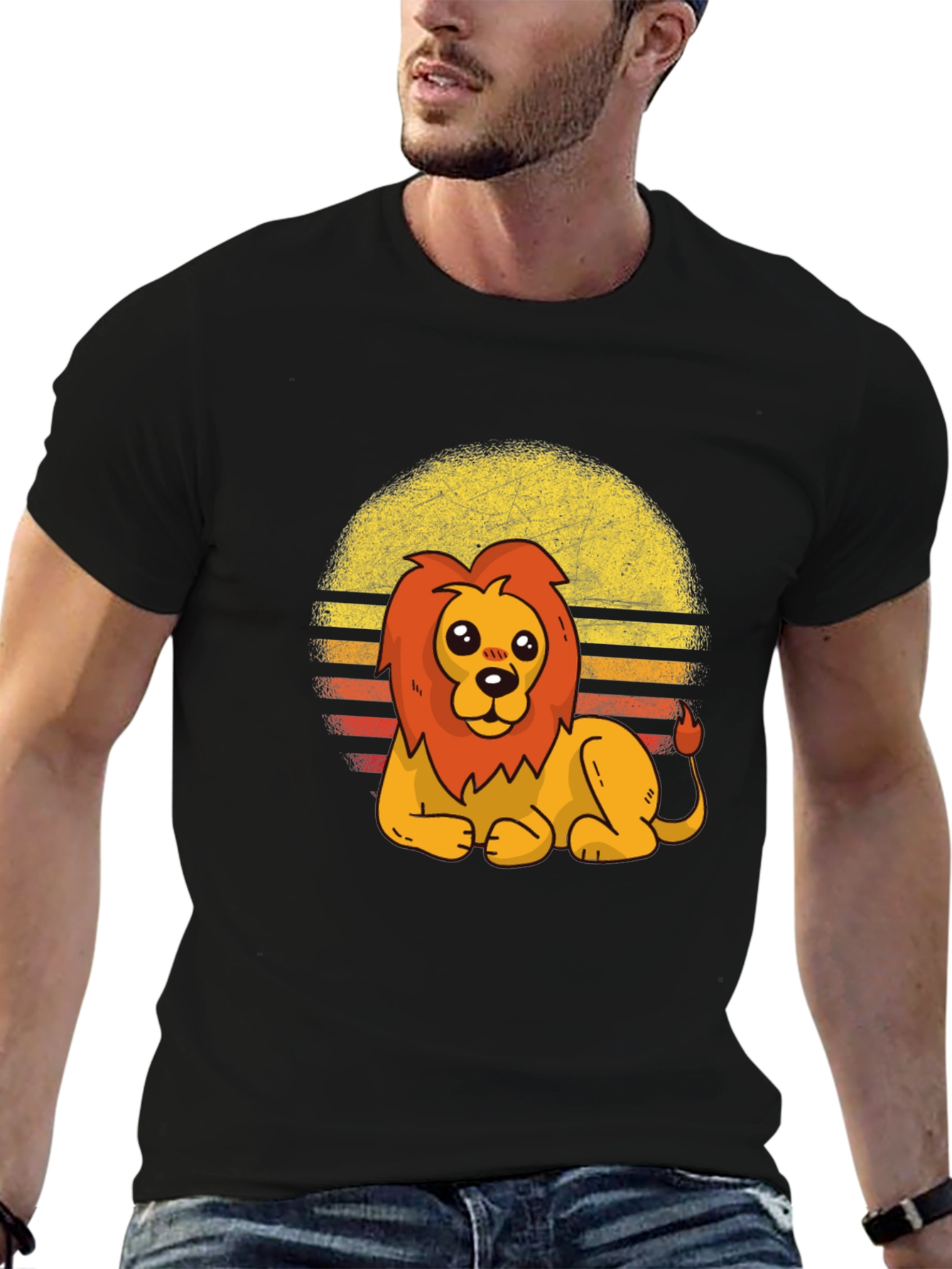 Black Cute Lion Retro Sunset Graphic Tee view 6