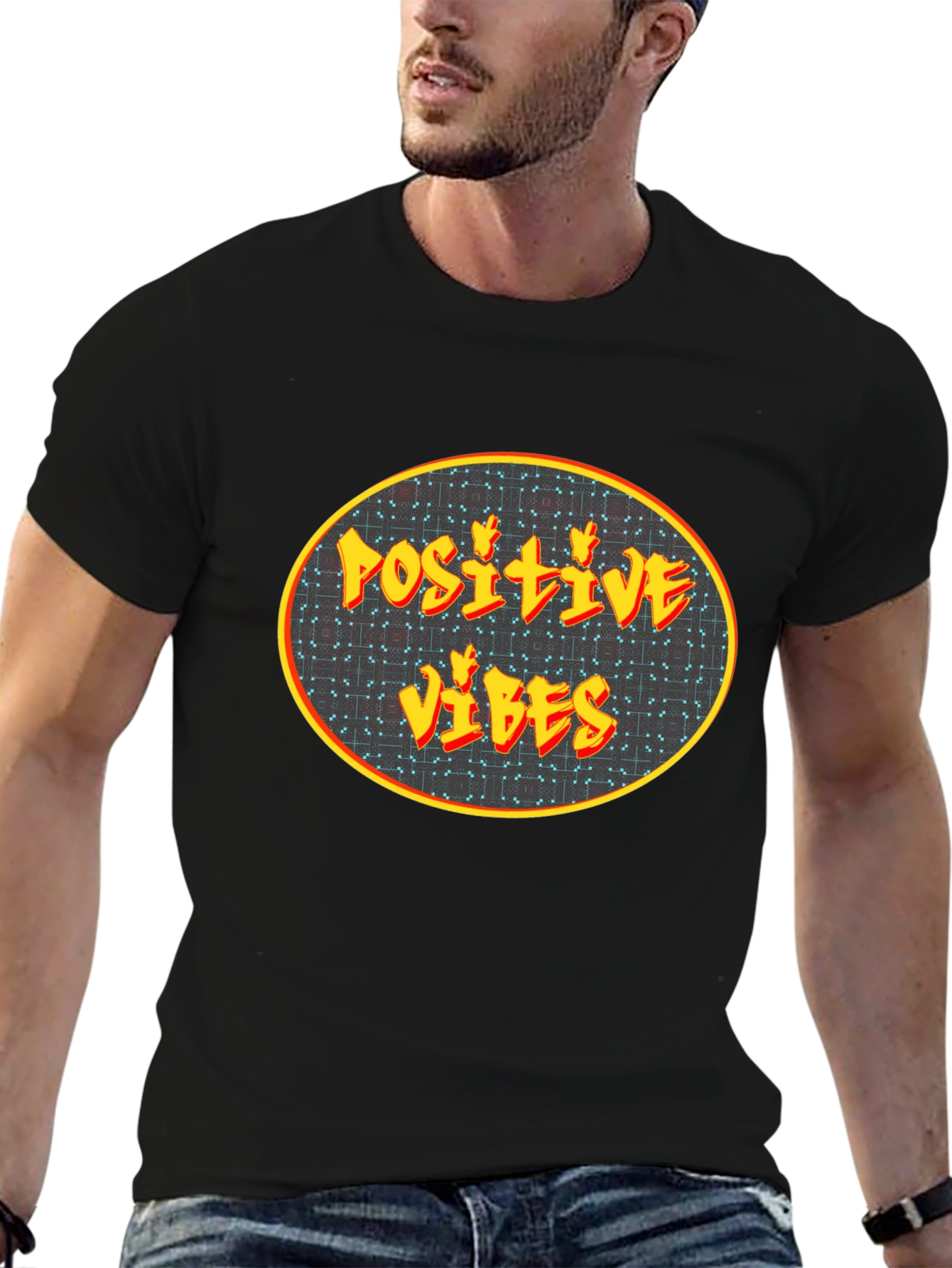 Black Positive Vibes Graphic Tee - Black Cotton Blend view 6