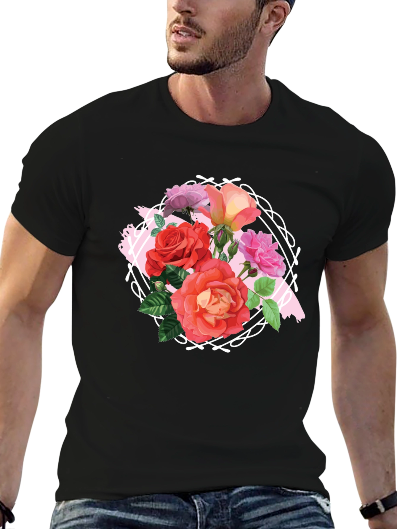 Black Floral Roses Graphic Tee - Stylish Black T-Shirt view 6