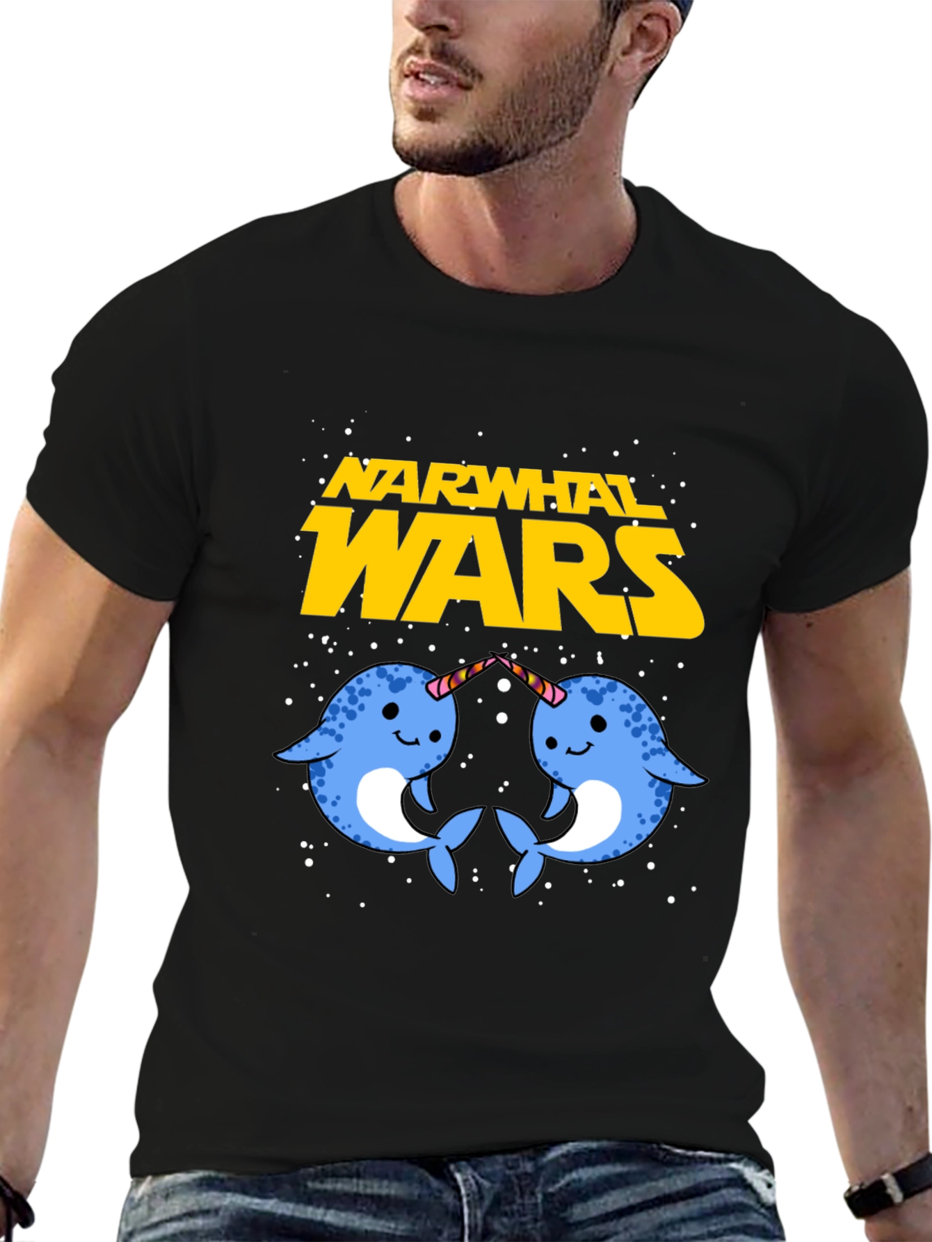 Black Narwhal Wars Graphic Tee - Funny Novelty T-Shirt view 6