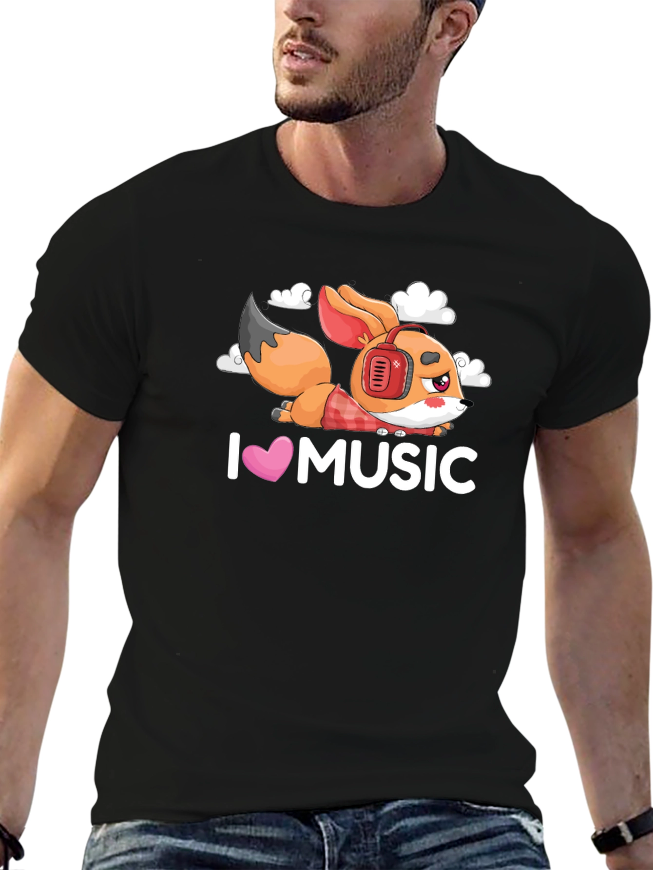 Black I Love Music Fox Black T-Shirt view 6