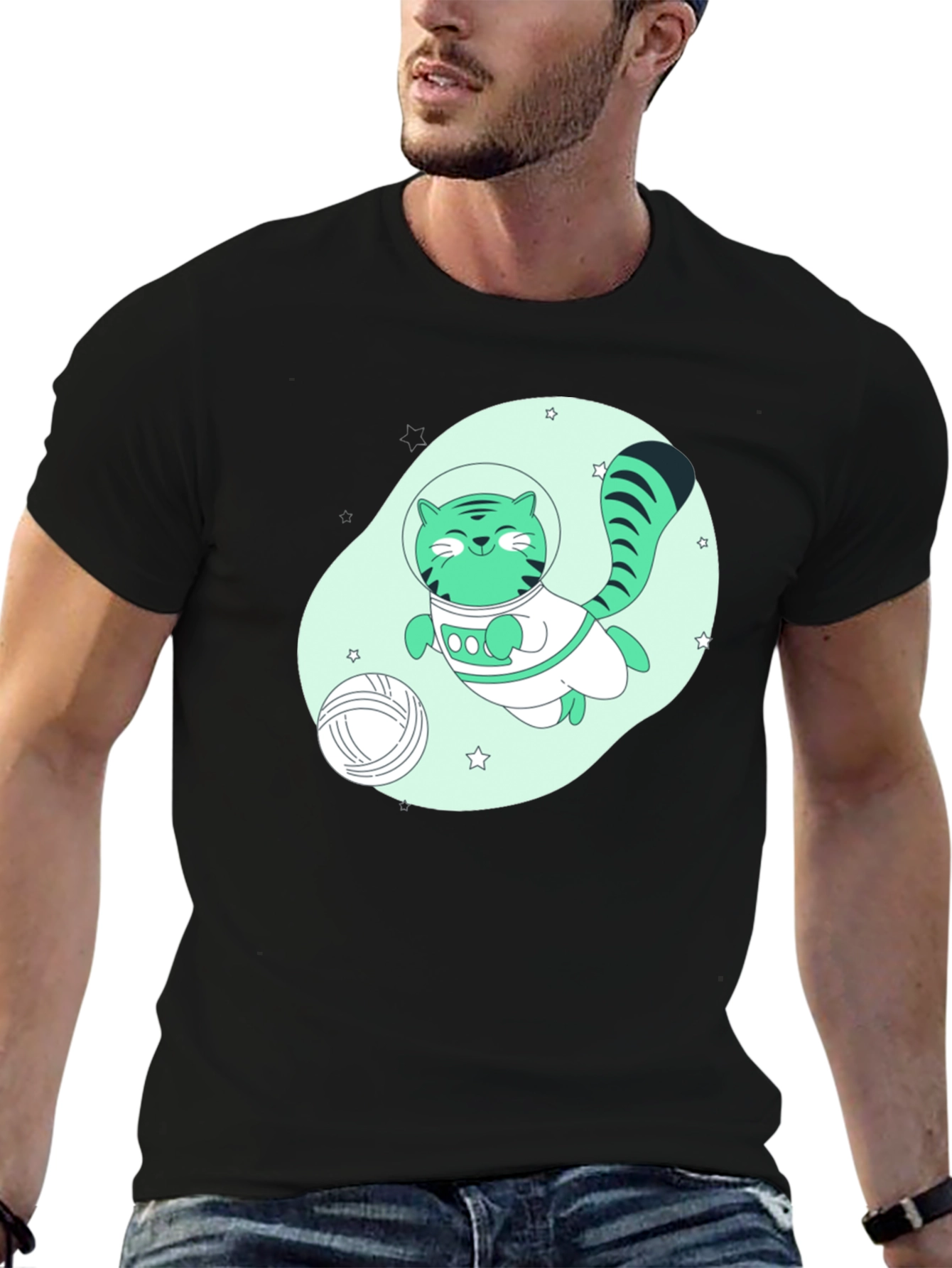 Black Astronaut Cat Graphic T-Shirt - Black view 6