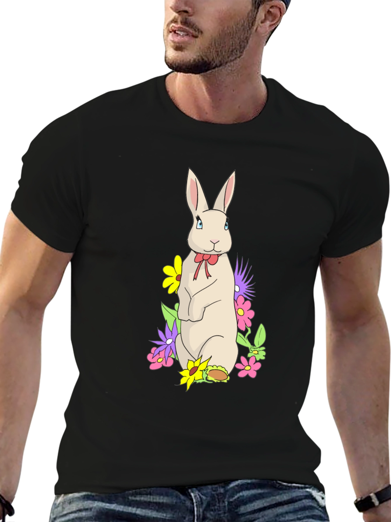 Black Rabbit & Flowers Black T-Shirt view 6