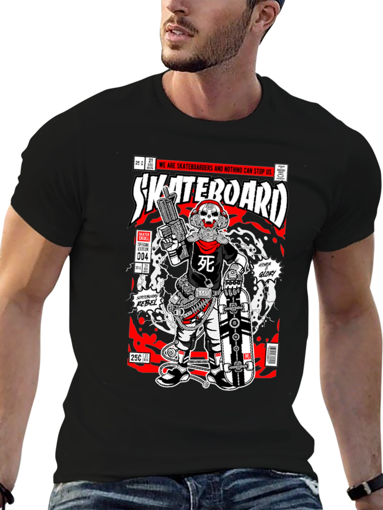 Black Skateboarder Skull Comic Graphic T-Shirt view 6