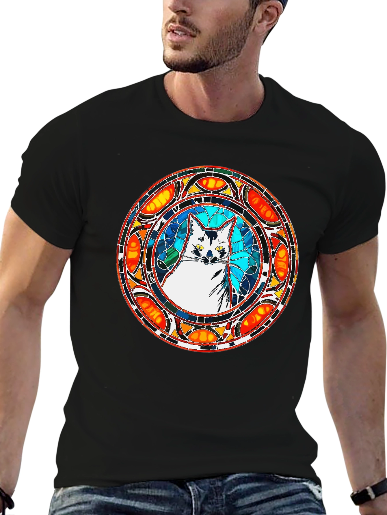 Black Stained Glass Cat T-Shirt - Unique Artistic Design view 6