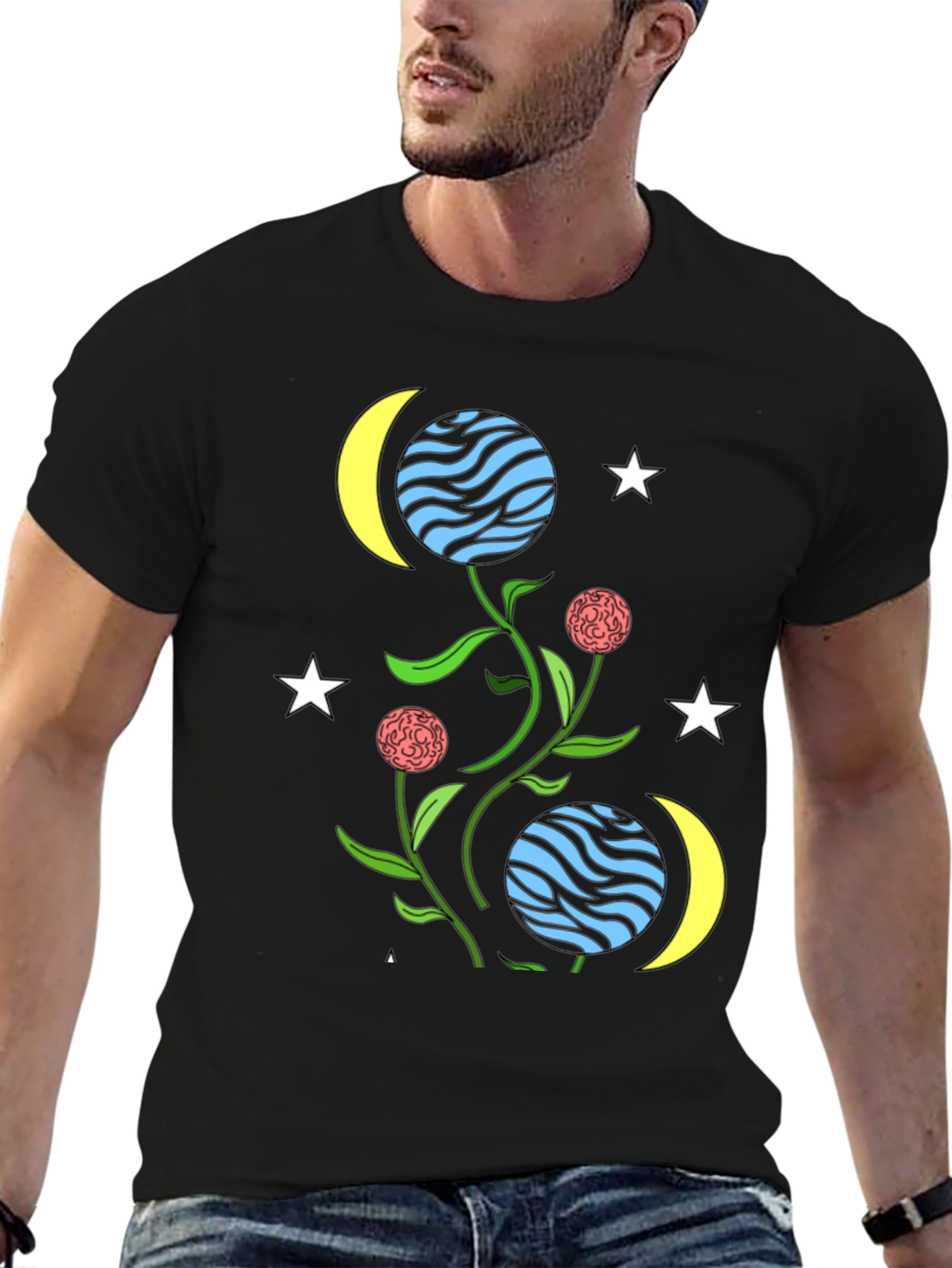 Black Cosmic Floral T-Shirt - Stars, Moons, & Planets Design view 6
