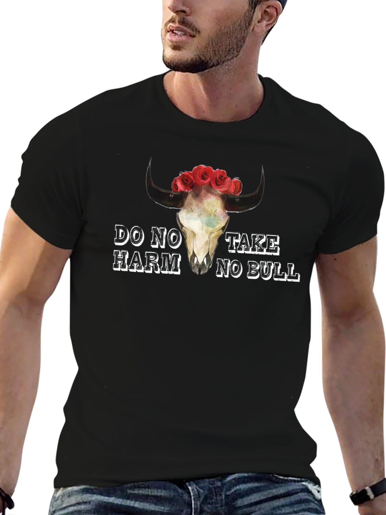 Black Do No Harm Take No Bull Skull Graphic Tee view 6