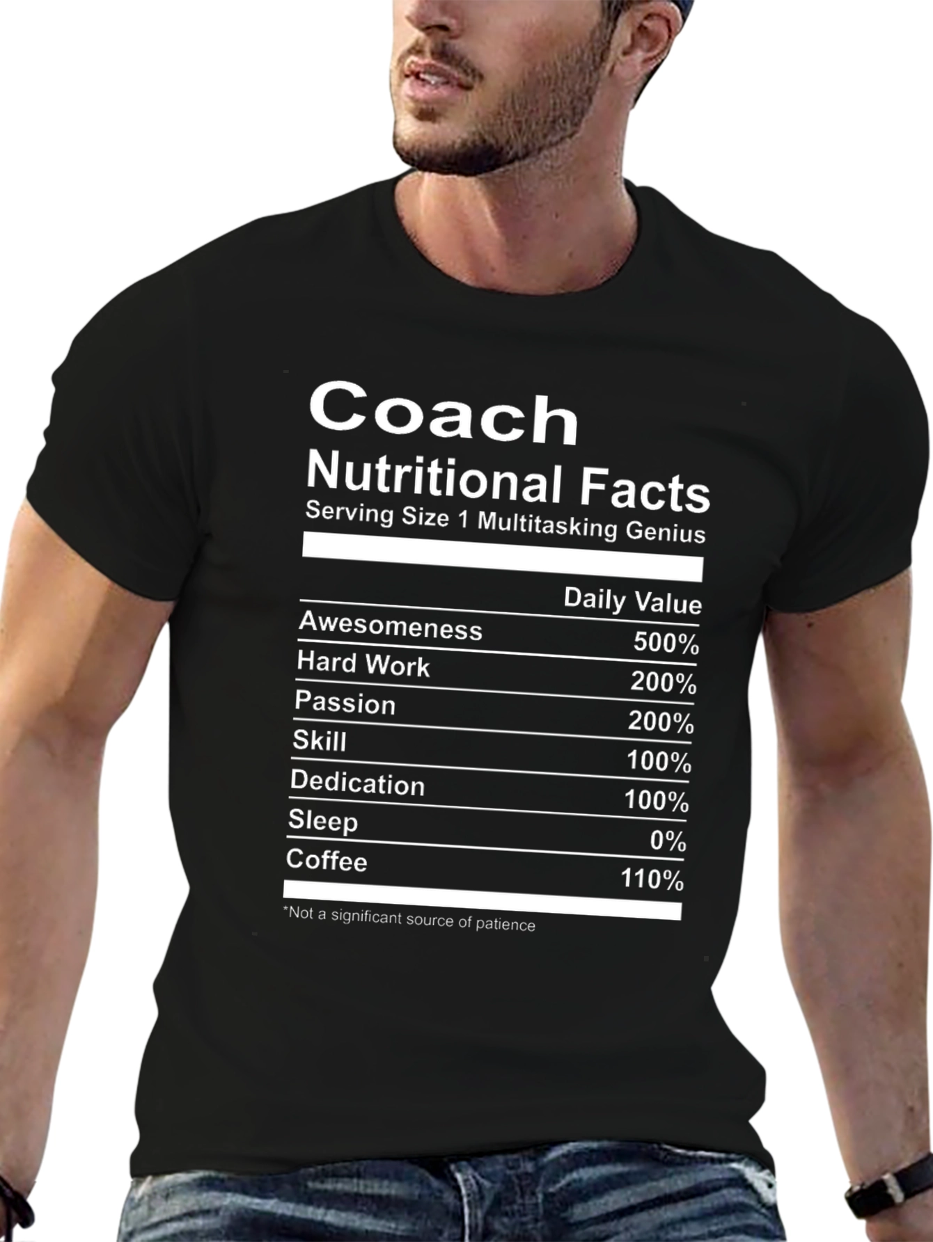 Black Coach Nutritional Facts T-Shirt - Multitasking Genius Tee view 6