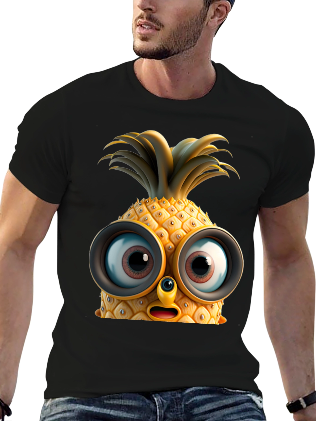 Black Funny Pineapple Face Graphic T-Shirt view 6