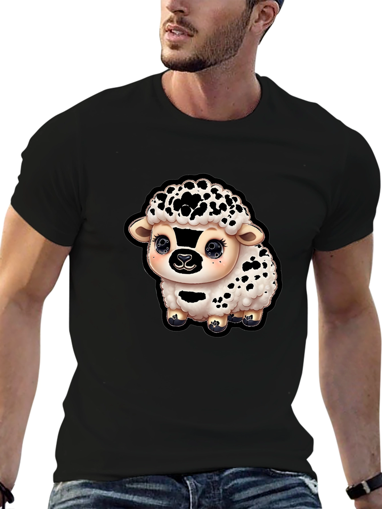 Black Cute Sheep Graphic T-Shirt - Black Cotton Blend view 6