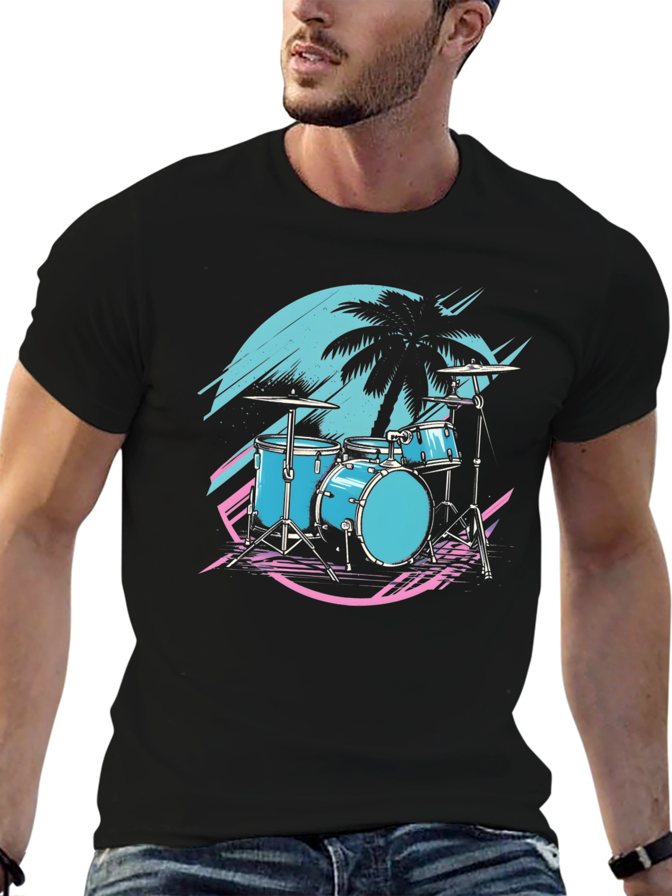 Black Retro Drum Set T-Shirt - Synthwave Vibes view 6