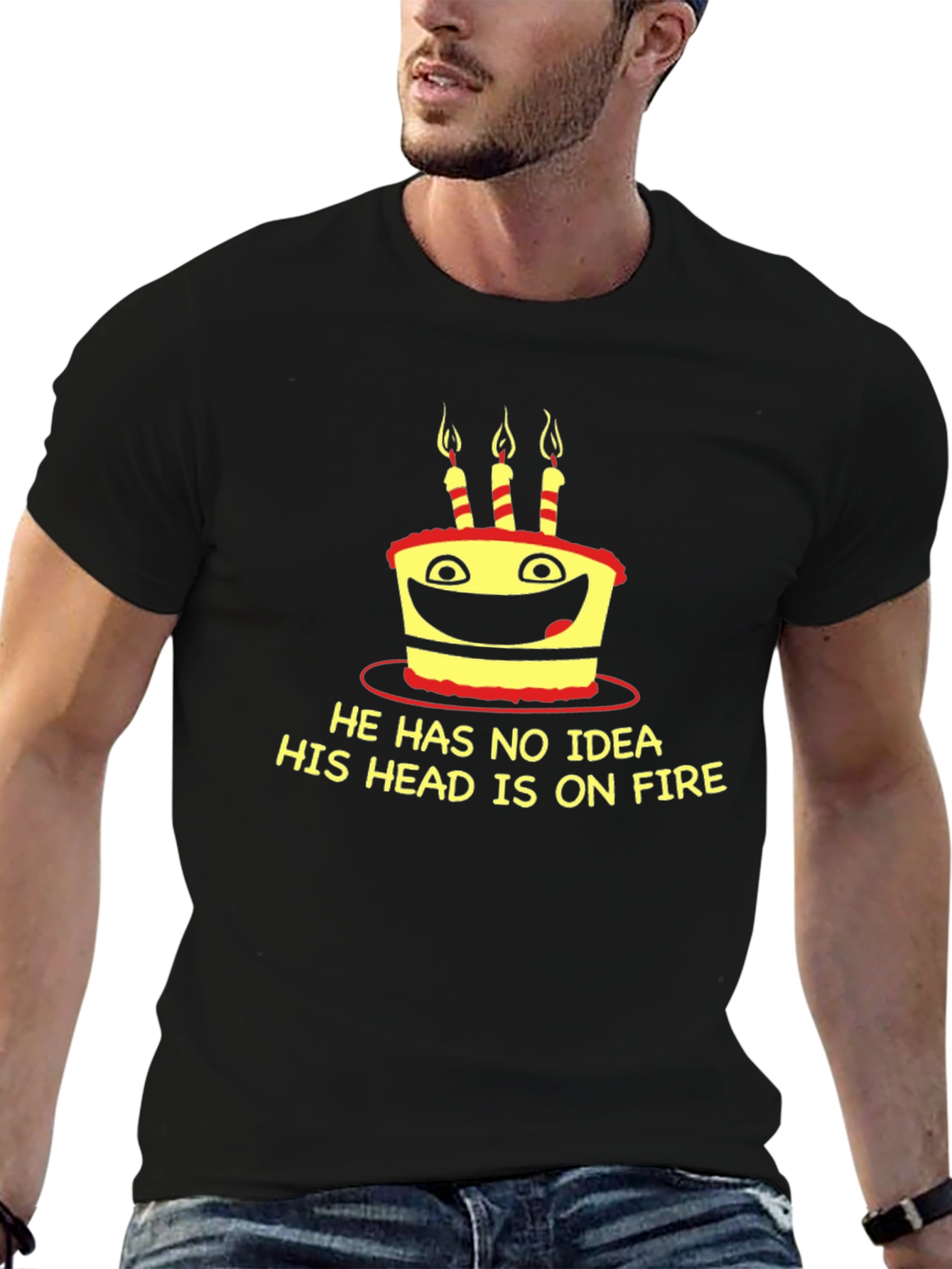 Black Funny Birthday Cake On Fire T-Shirt view 6